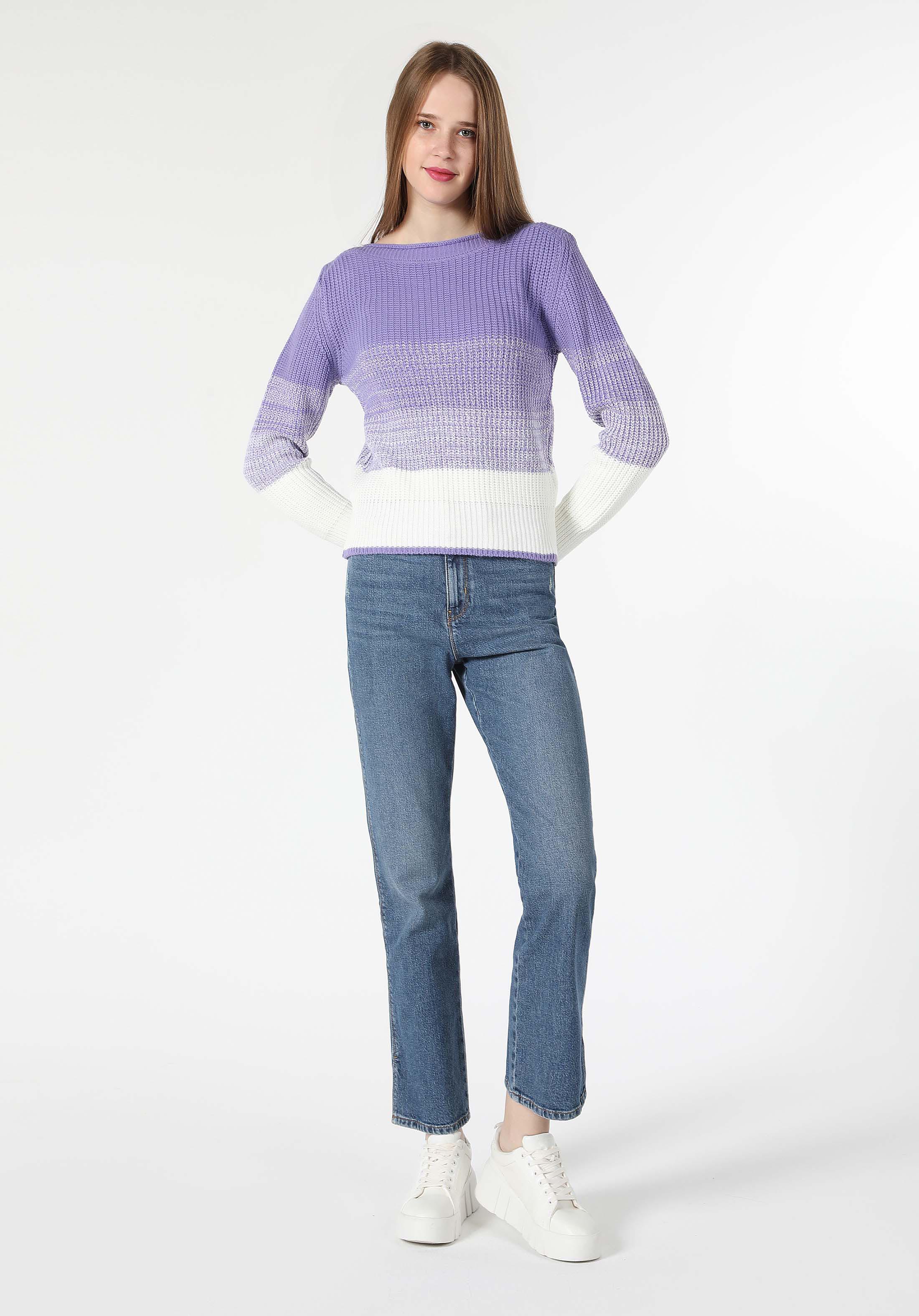 Regular Fit Kayık Yaka Düz Kadın Mor Kazak