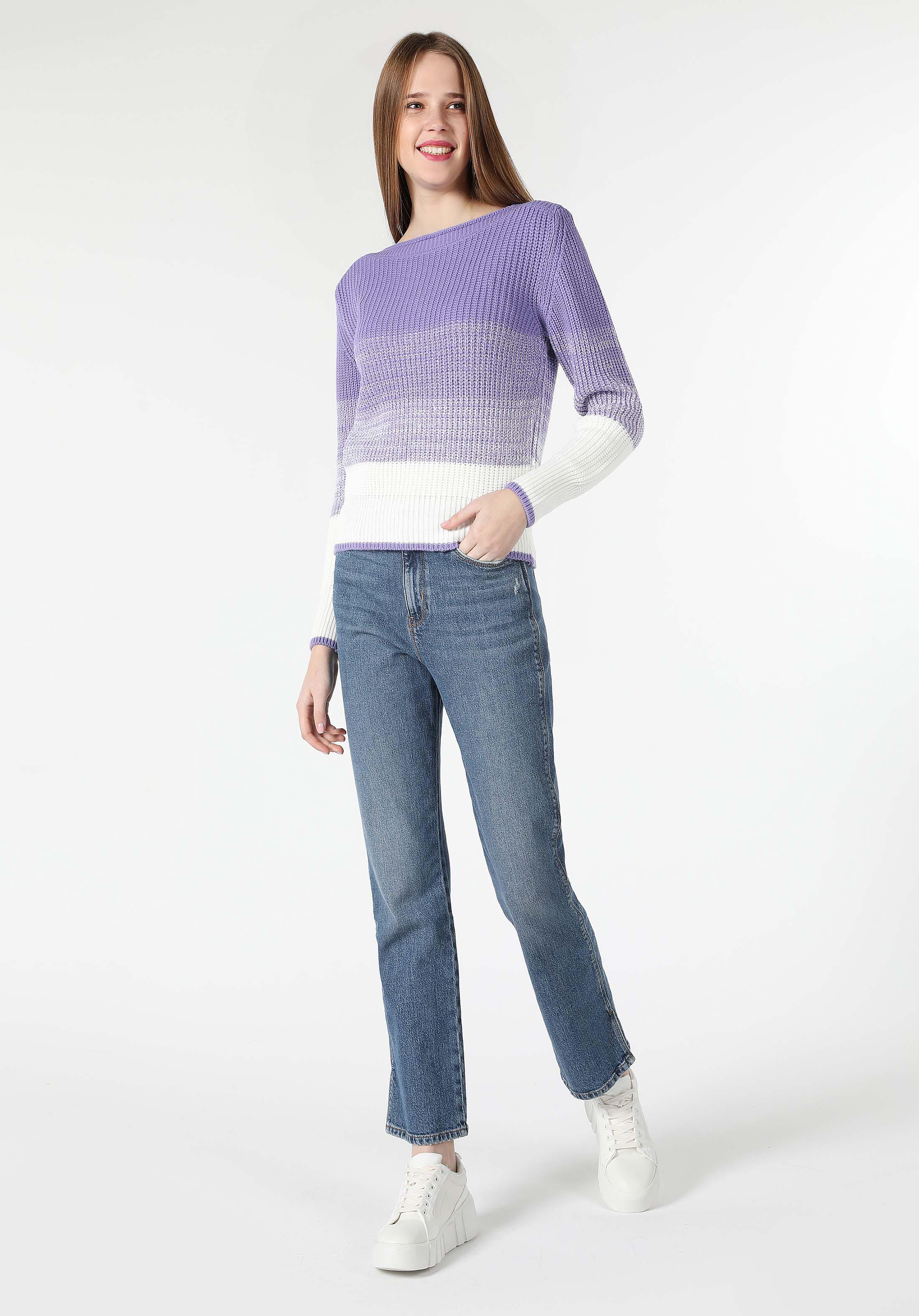 Regular Fit Kayık Yaka Düz Kadın Mor Kazak