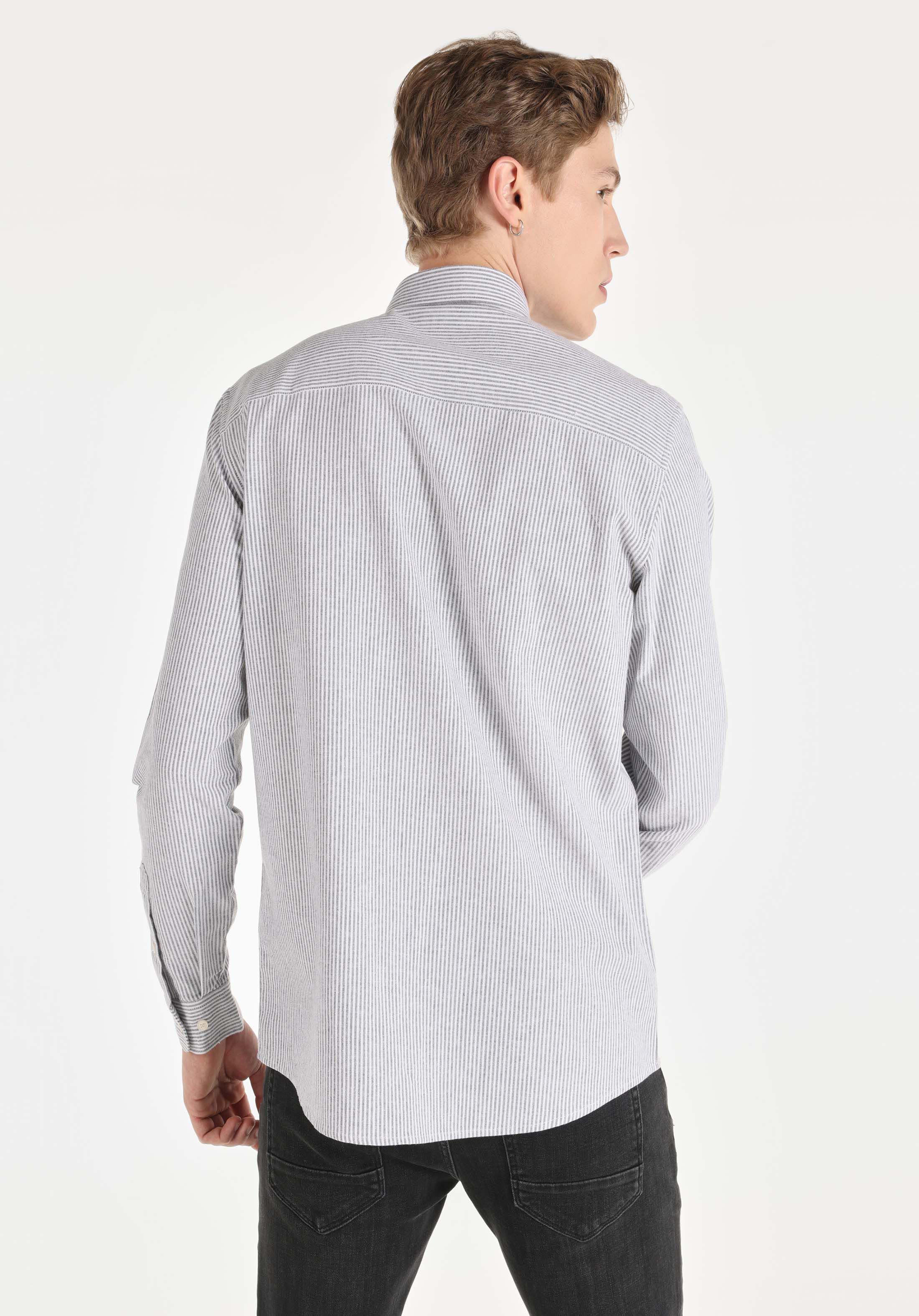 Regular Fit Shirt Neck Çizgili Erkek Antrasit Uzun Kol Gömlek