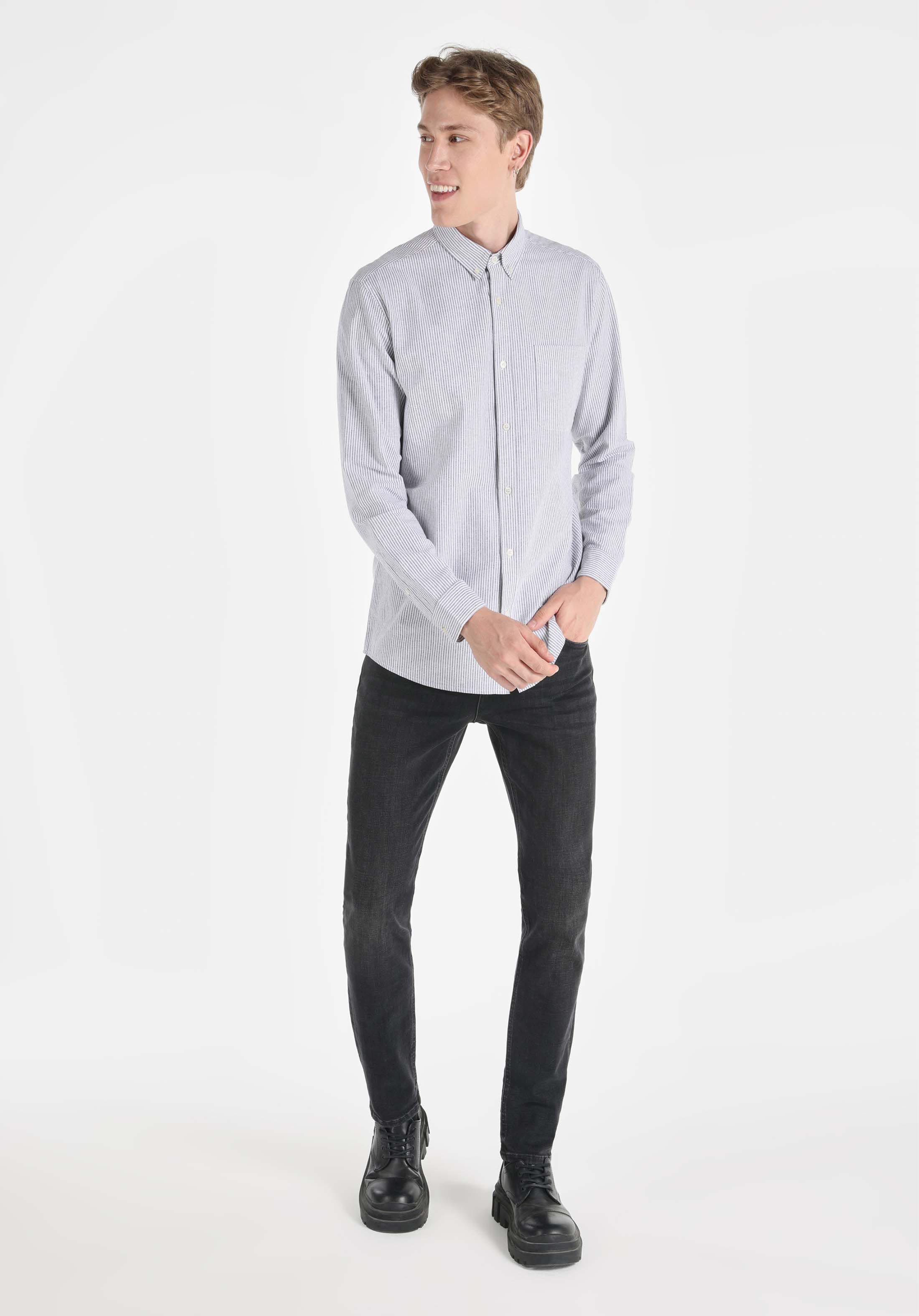 Regular Fit Shirt Neck Çizgili Erkek Antrasit Uzun Kol Gömlek