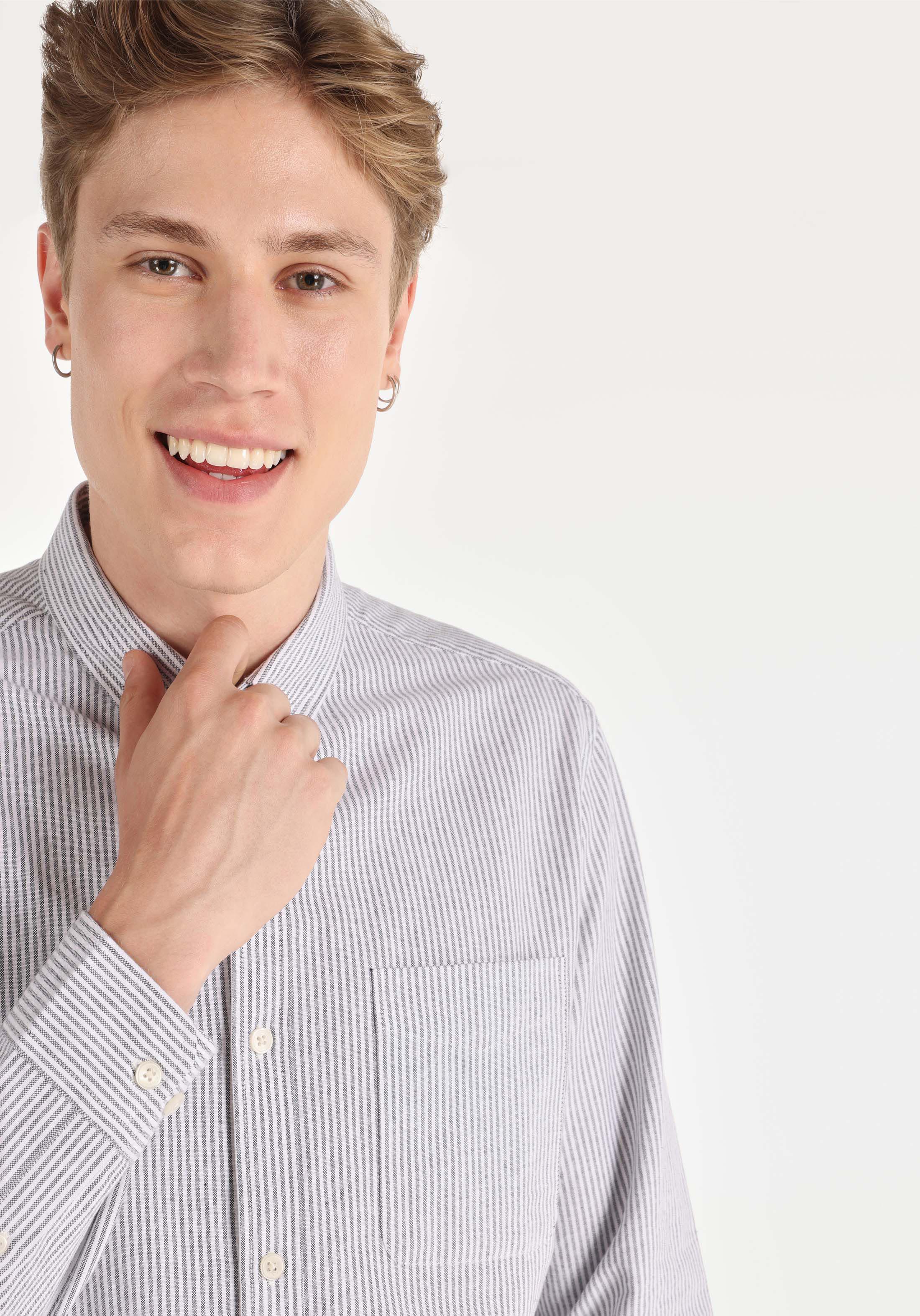 Regular Fit Shirt Neck Çizgili Erkek Antrasit Uzun Kol Gömlek