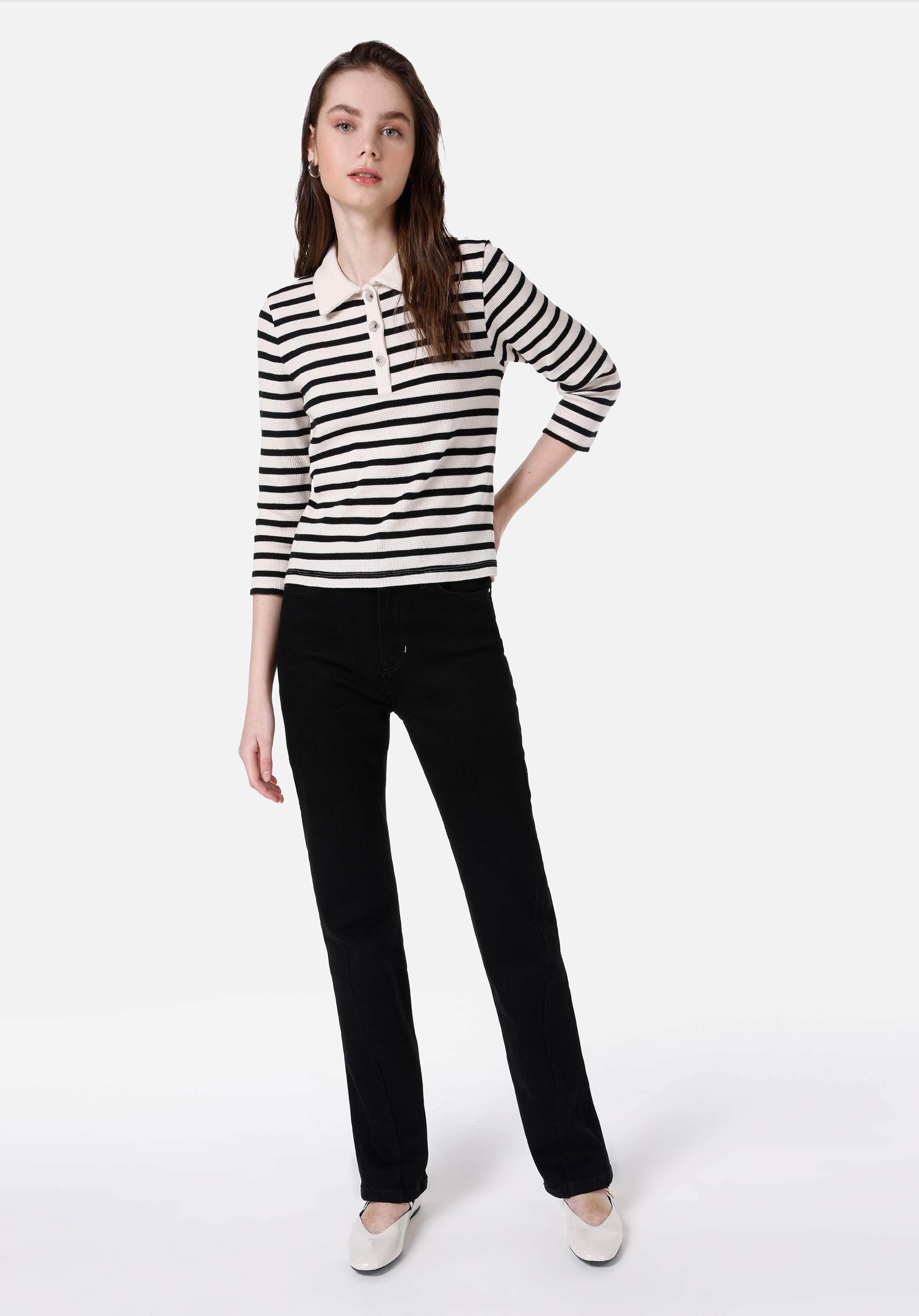 Regular Fit Polo Yaka Çizgili Kadın Siyah Uzun Kol Tişört