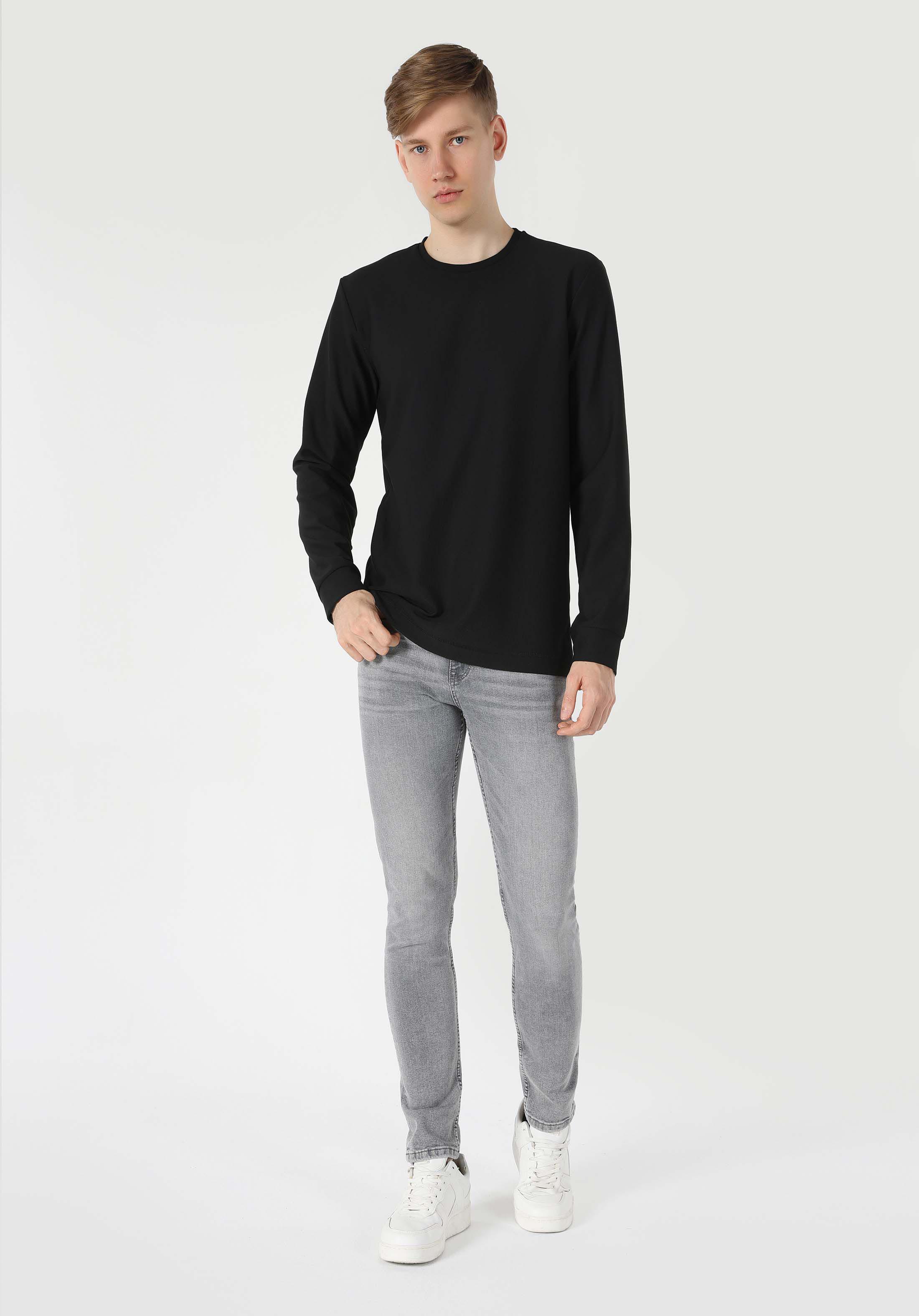 Regular Fit Yuvarlak Yaka  Erkek Siyah Uzun Kol Tişört Cl1062460