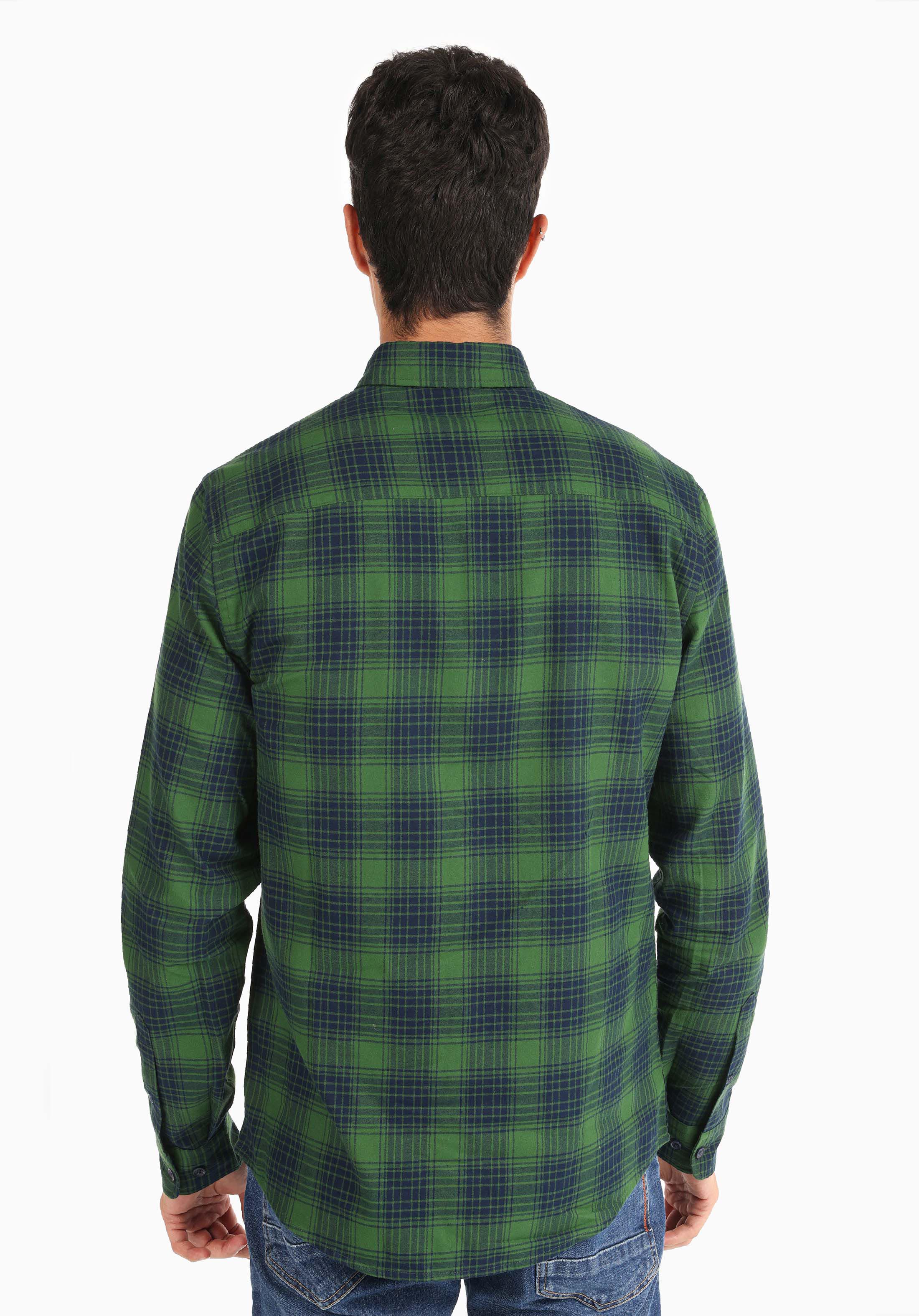 Slim Fit Shirt Neck Ekoseli Erkek Yeşil Uzun Kol Gömlek