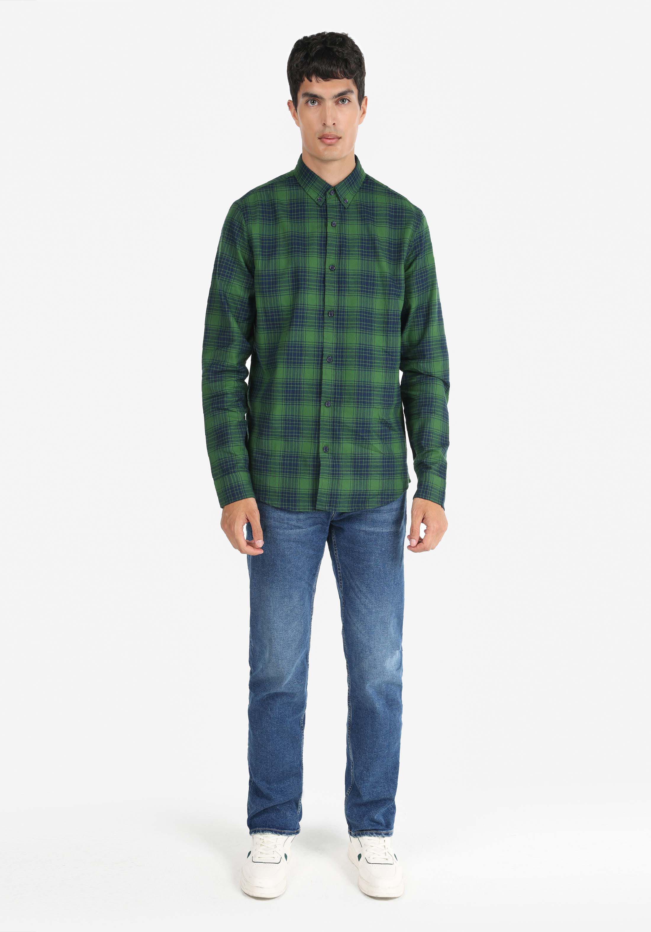 Slim Fit Shirt Neck Ekoseli Erkek Yeşil Uzun Kol Gömlek