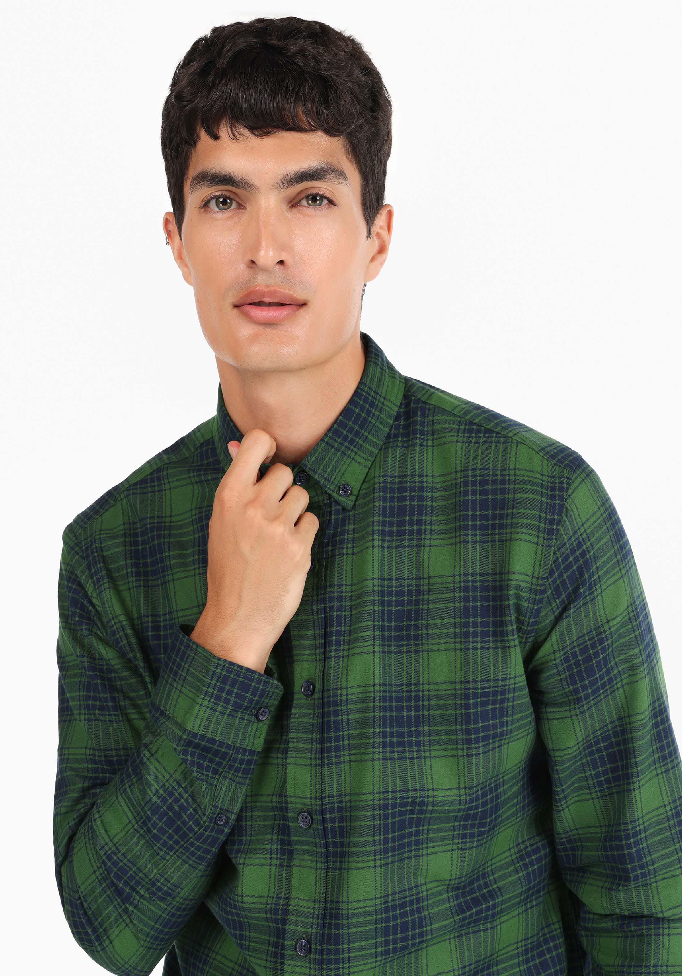 Slim Fit Shirt Neck Ekoseli Erkek Yeşil Uzun Kol Gömlek