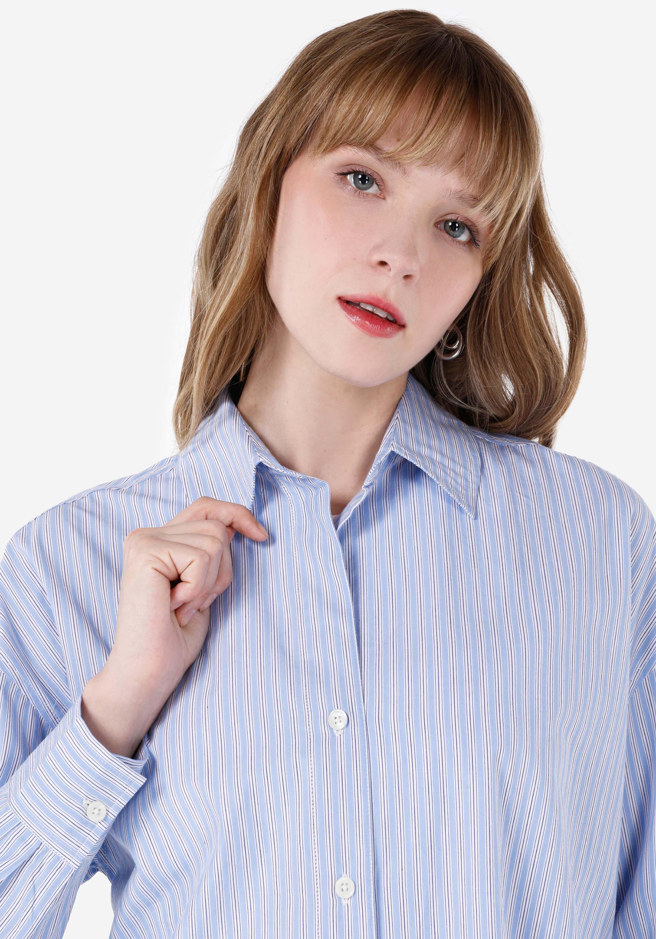 Relaxed Fit Shirt Neck Çizgili Kadın Mavi Uzun Kol Gömlek