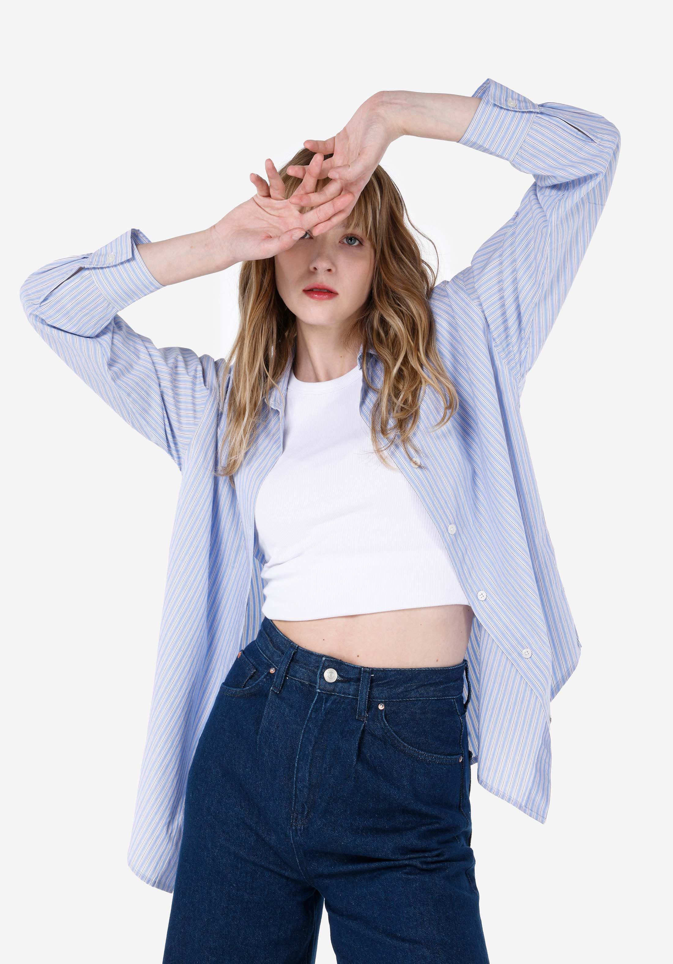 Relaxed Fit Shirt Neck Çizgili Kadın Mavi Uzun Kol Gömlek