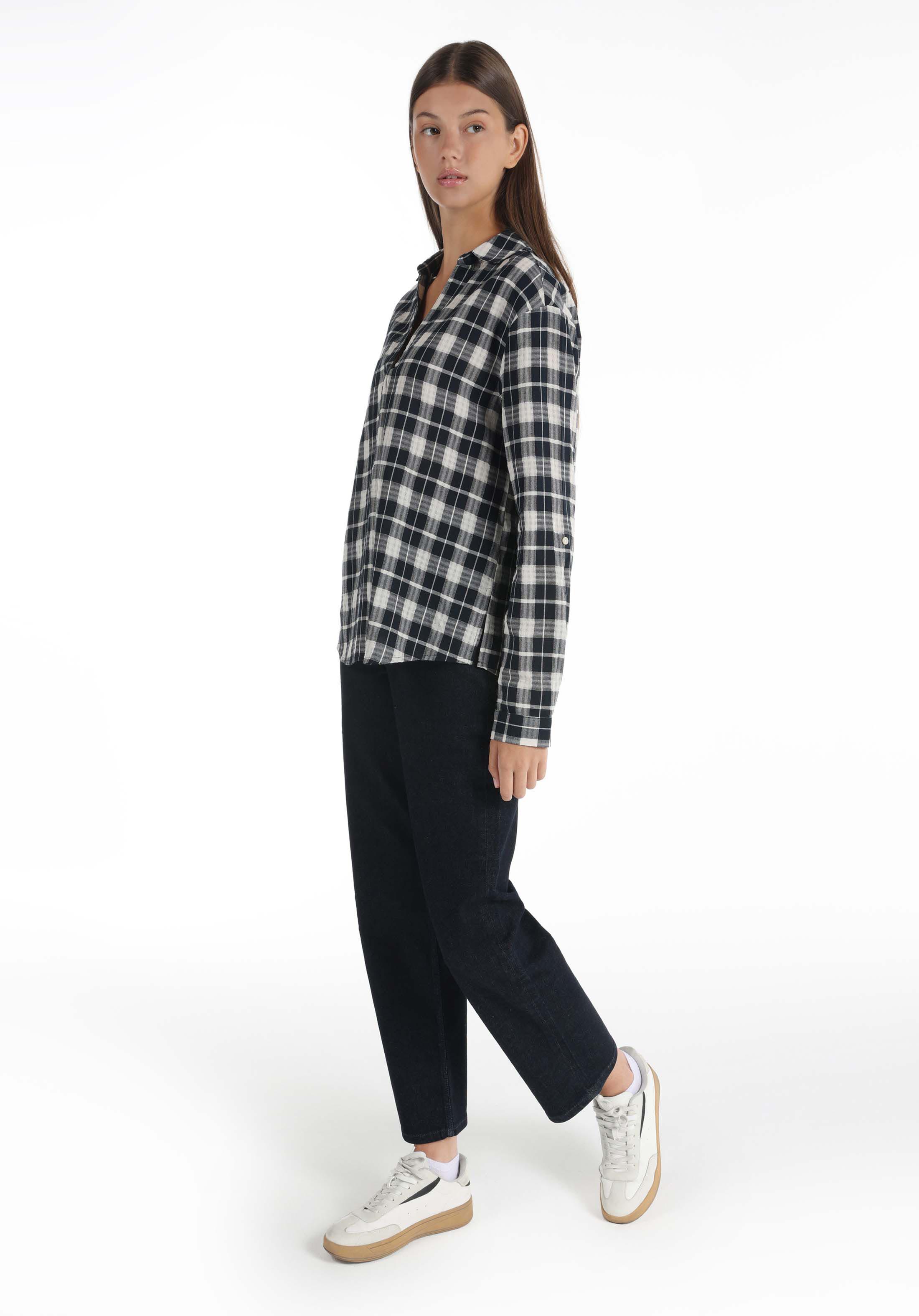 Regular Fit Shirt Neck  Kadın Lacivert Roll-up Gömlek