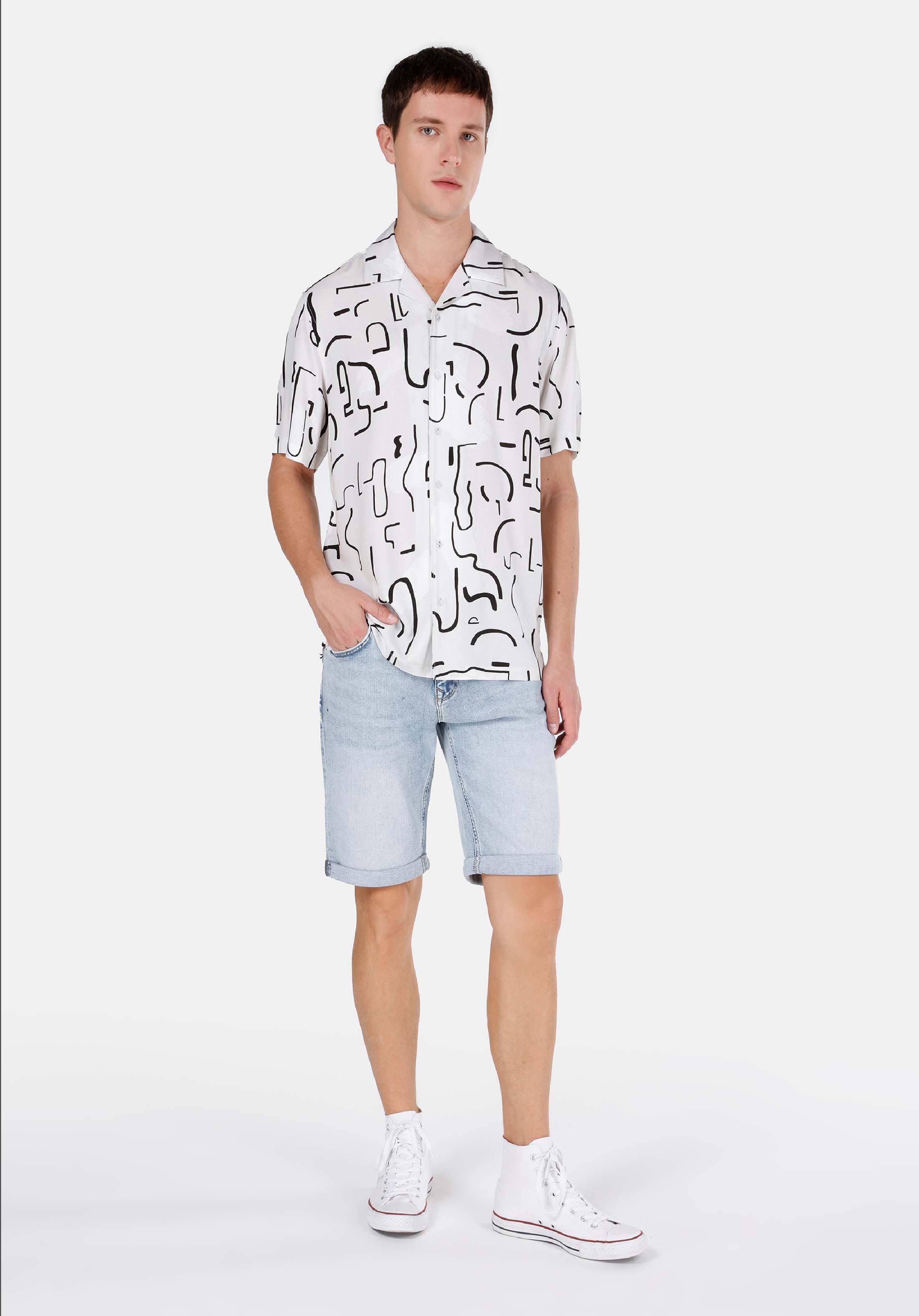 Regular Fit Shirt Neck Baskılı Erkek Bej Kısa Kol Gömlek