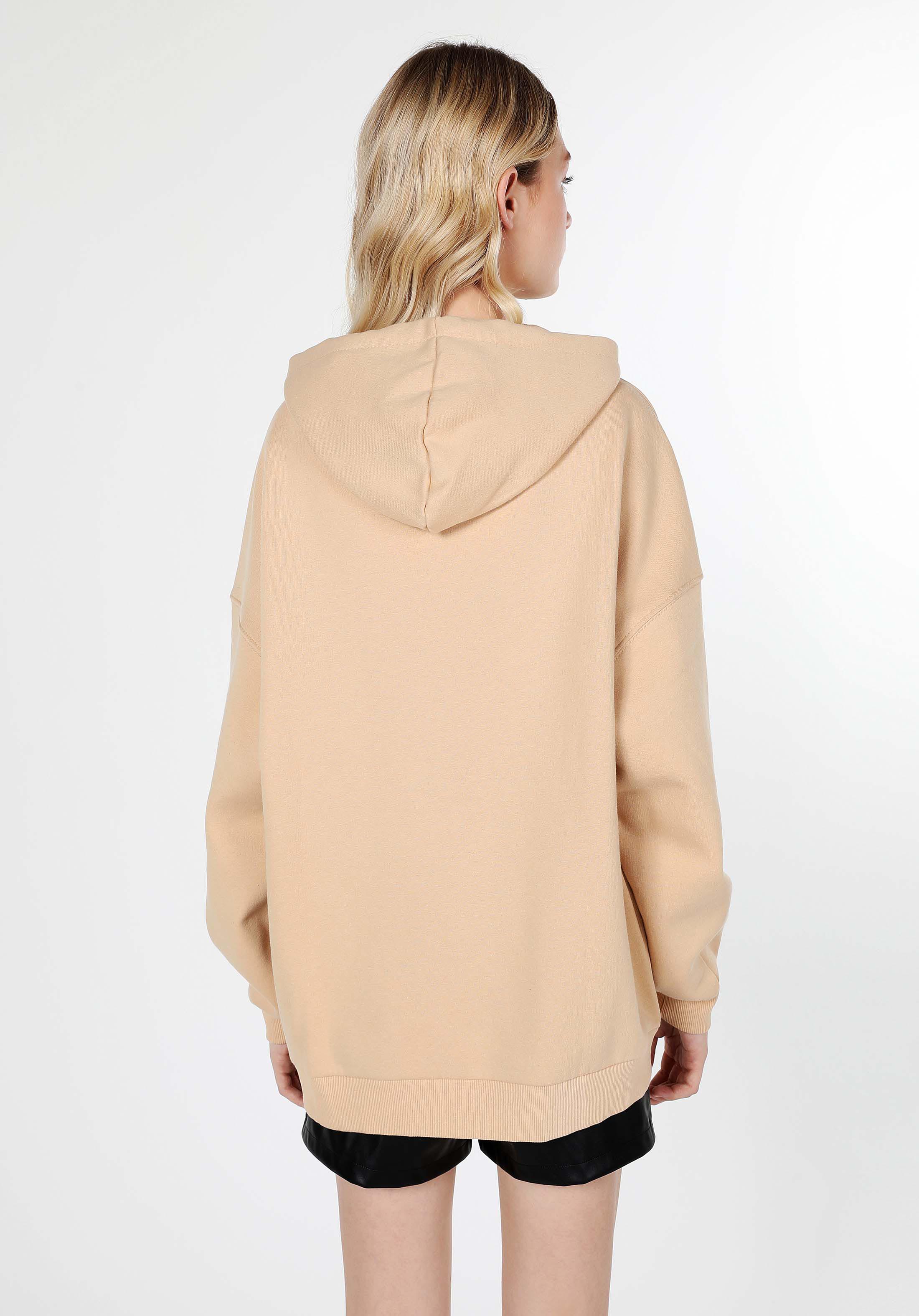 Oversize Fit Kapüşonlu Baskılı Kadın Bej Sweatshirt