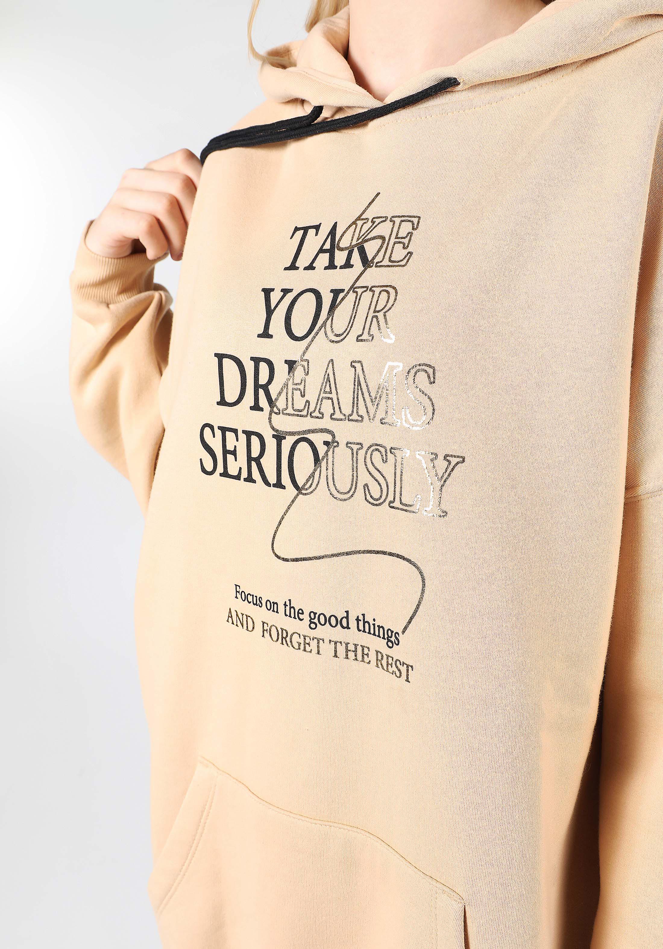 Oversize Fit Kapüşonlu Baskılı Kadın Bej Sweatshirt