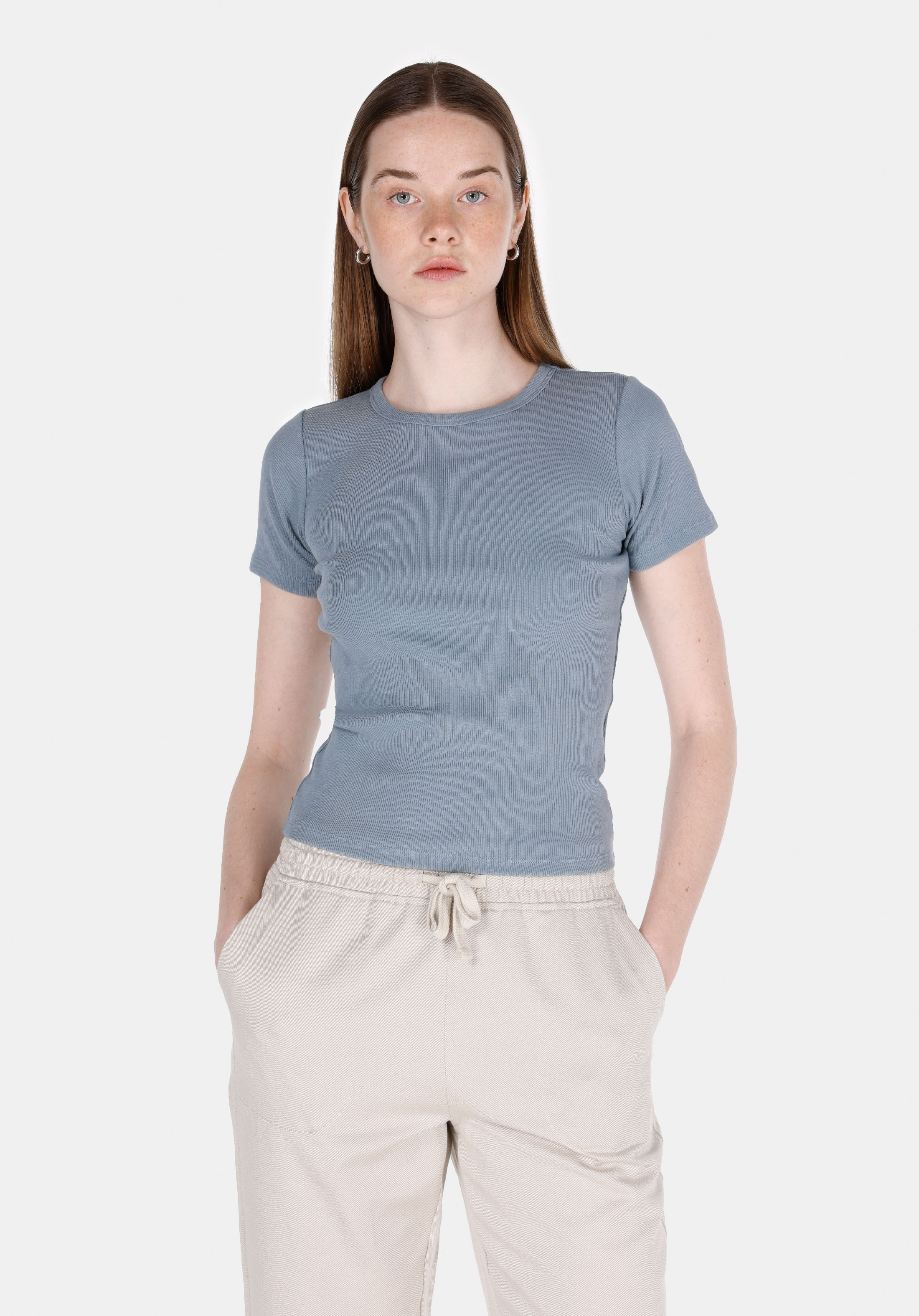 Slim Fit Yuvarlak Yaka Düz Kadın Mavi Kısa Kol Tişört
