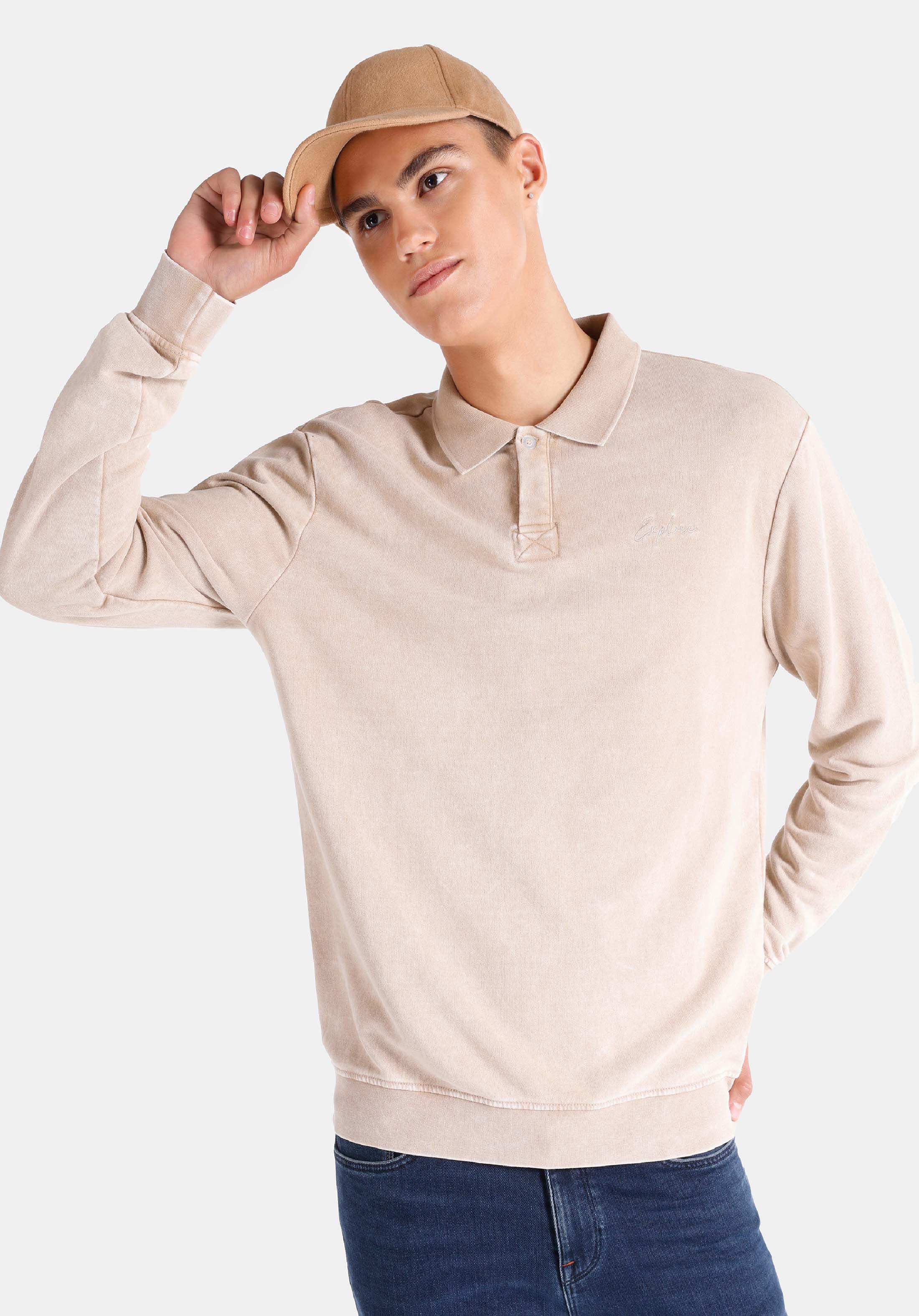 Regular Fit Polo Yaka Düz Erkek Bej Uzun Kol Tişört