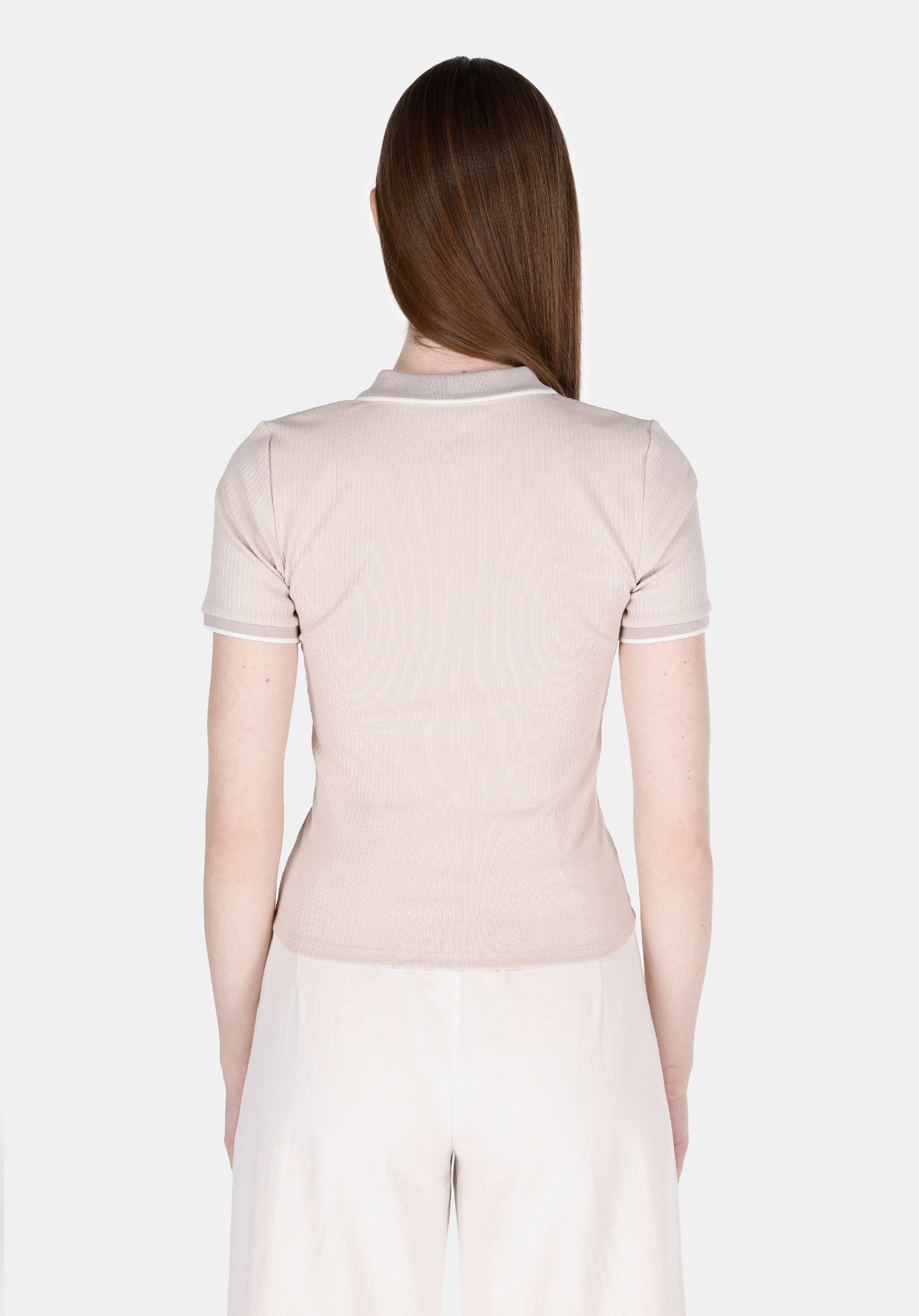 Slim Fit Polo Yaka Düz Kadın Bej Kısa Kol Tişört