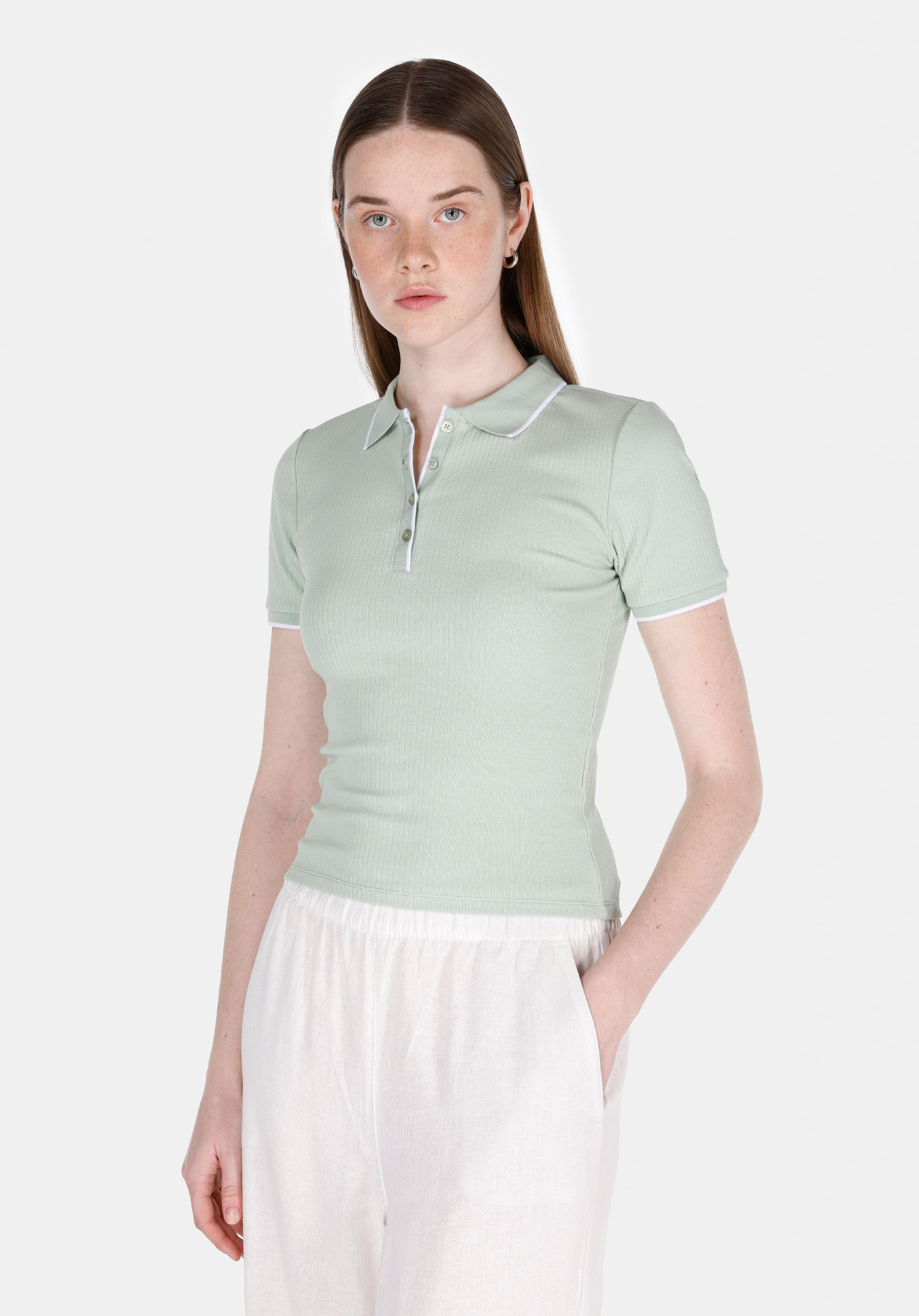 Slim Fit Polo Yaka Düz Kadın Yeşil Kısa Kol Tişört
