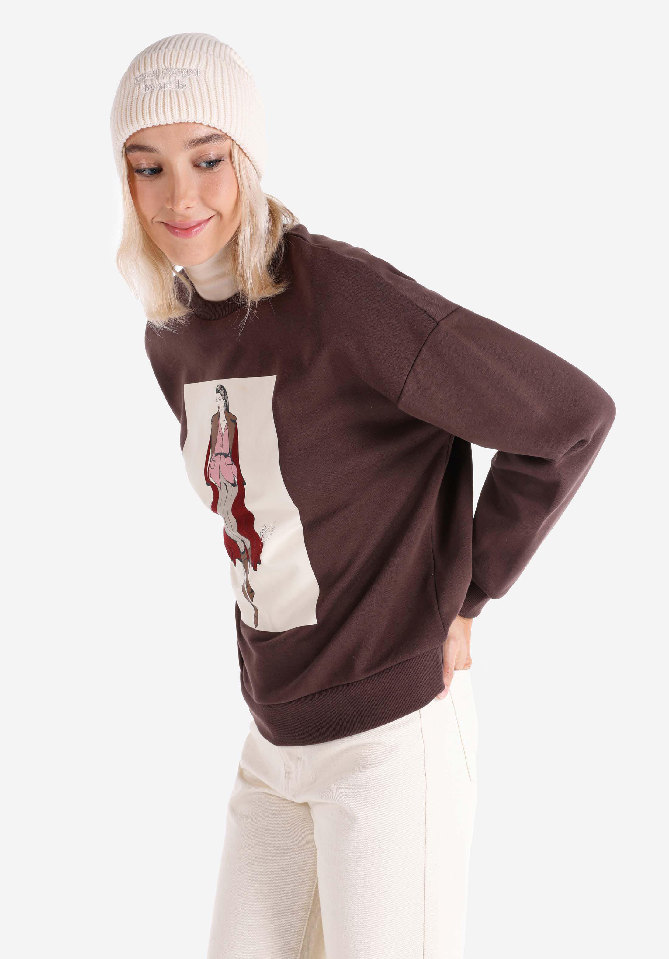Regular Fit Yuvarlak Yaka Baskılı Kadın Kahverengi Sweatshirt