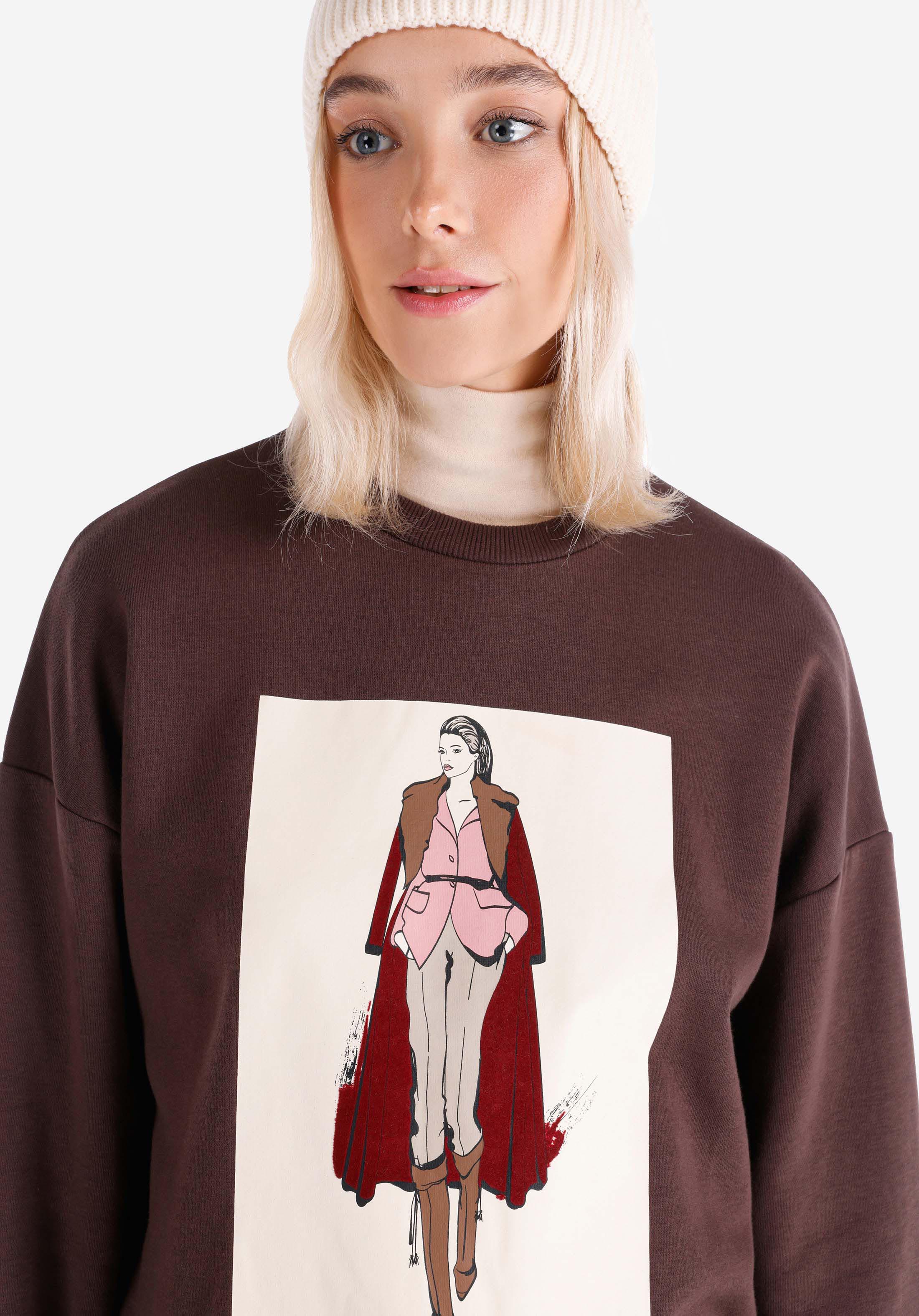 Regular Fit Yuvarlak Yaka Baskılı Kadın Kahverengi Sweatshirt