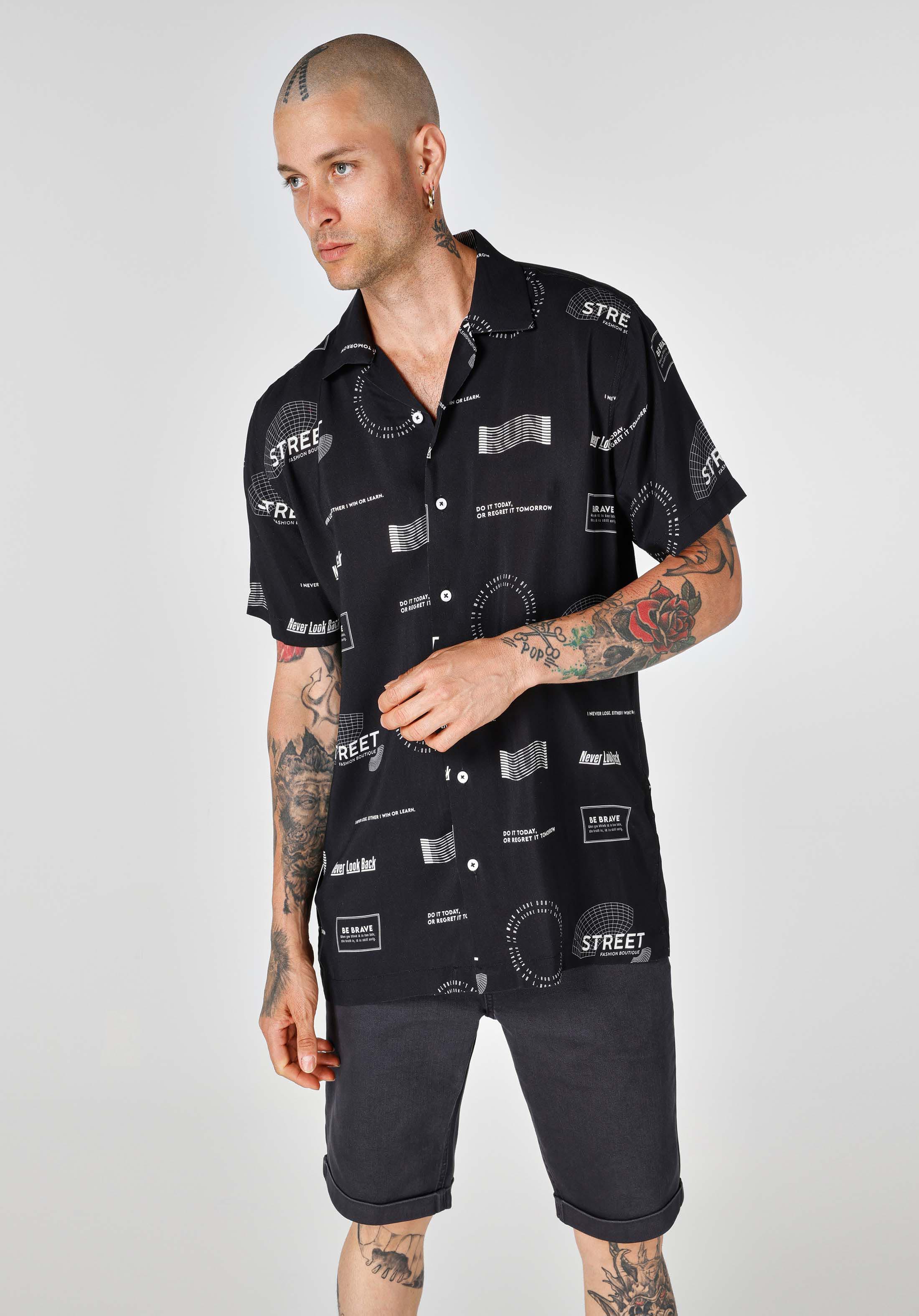 Regular Fit Shirt Neck Baskılı Erkek Siyah Kısa Kol Gömlek