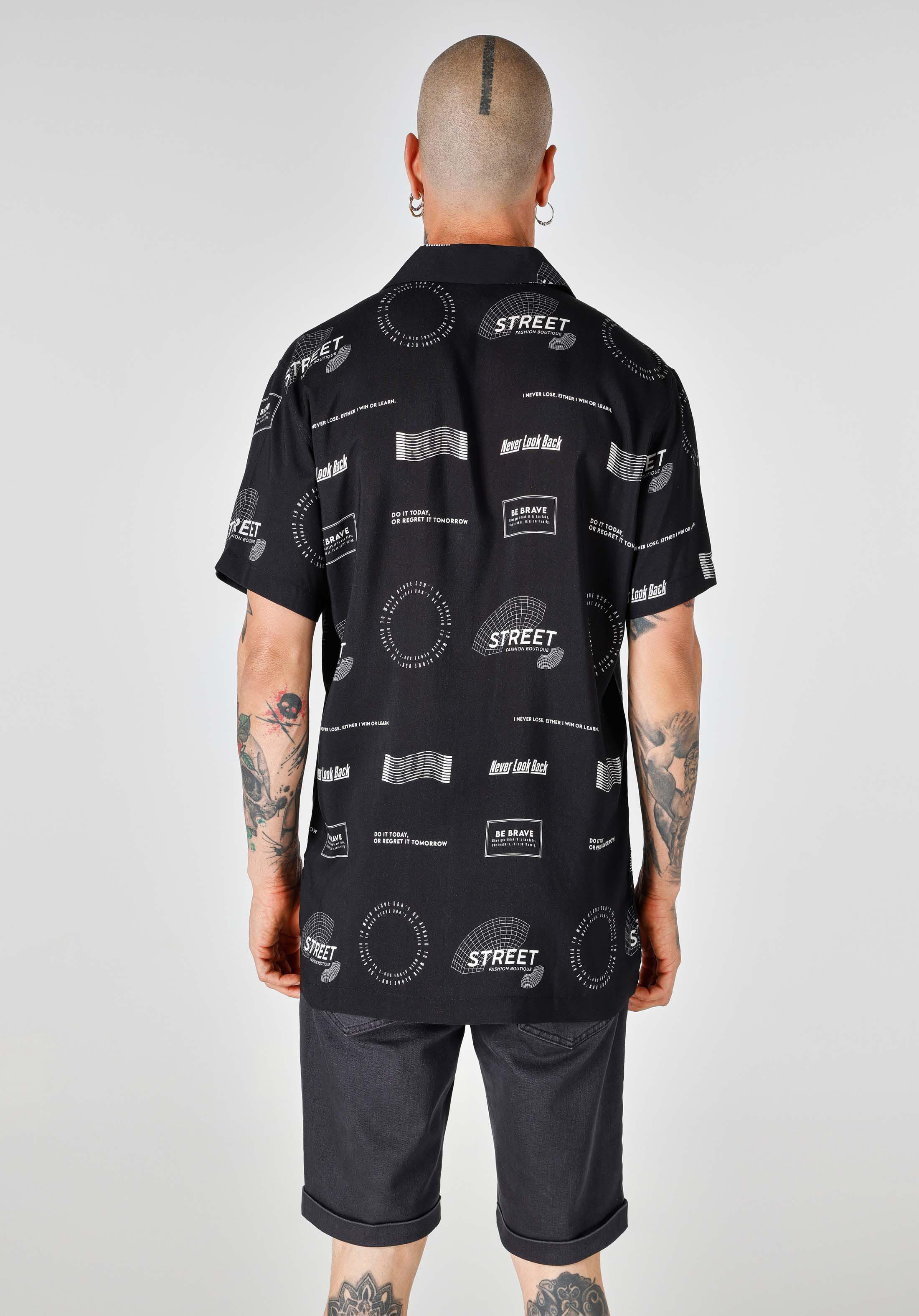 Regular Fit Shirt Neck Baskılı Erkek Siyah Kısa Kol Gömlek