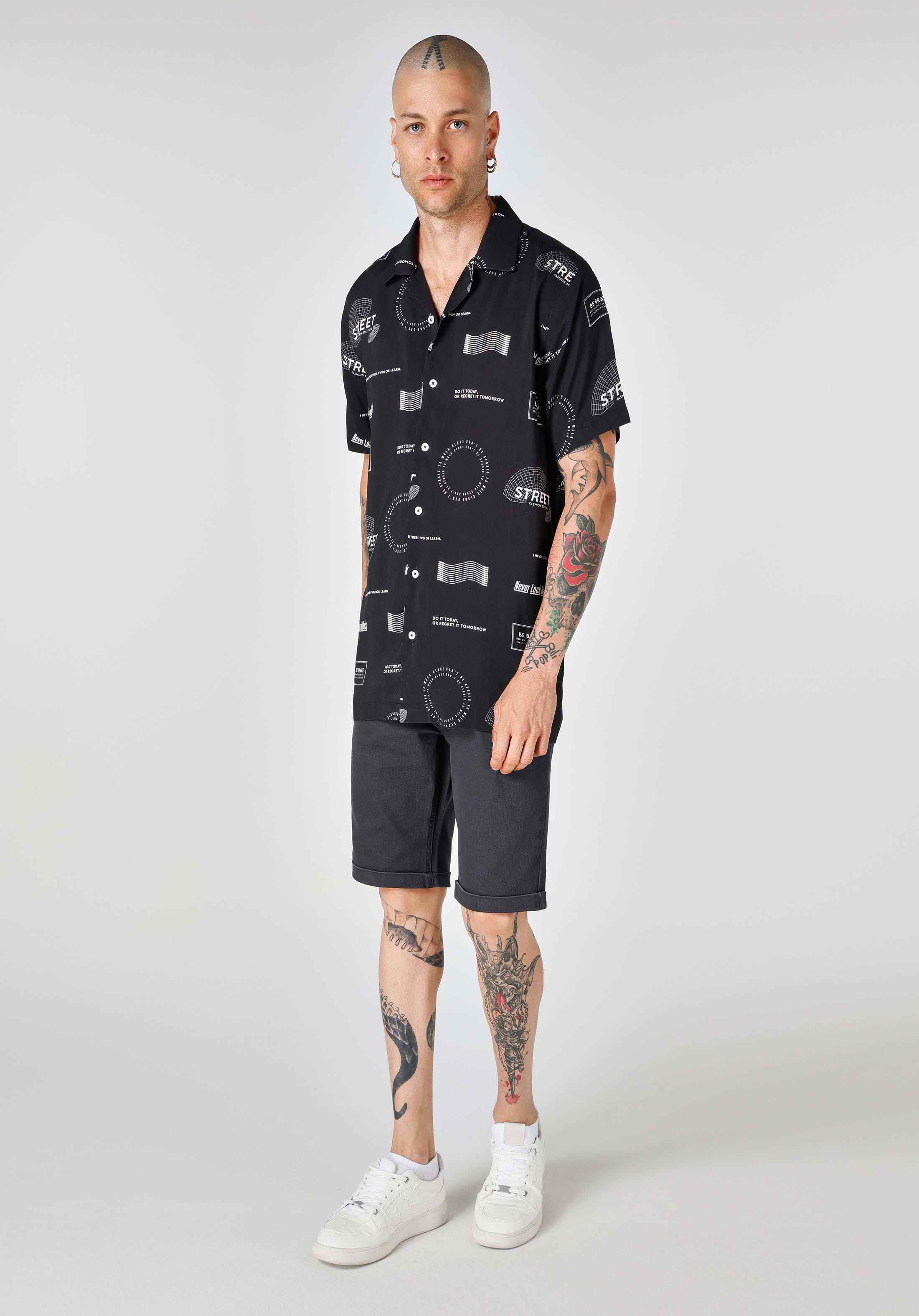 Regular Fit Shirt Neck Baskılı Erkek Siyah Kısa Kol Gömlek