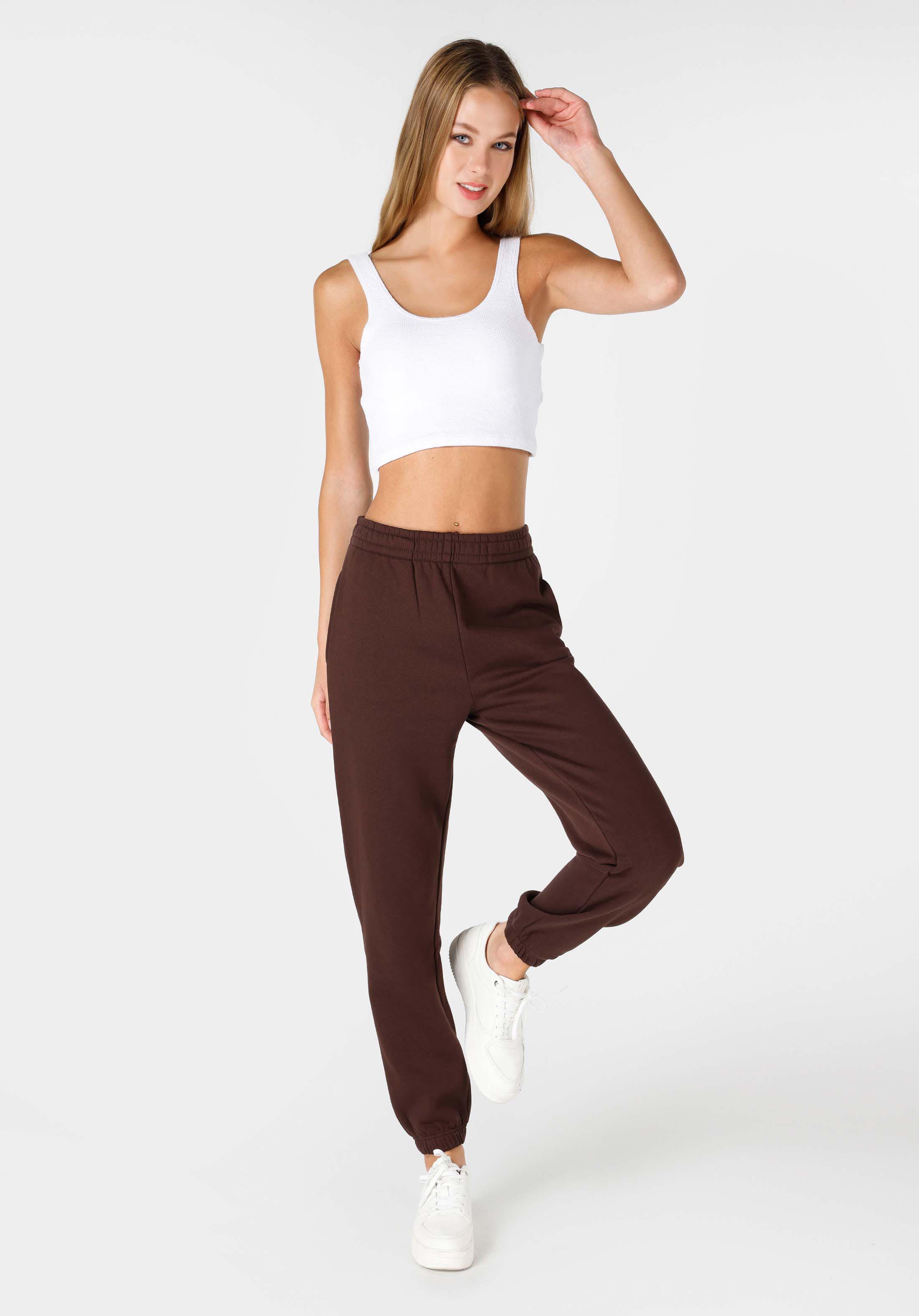 Regular Fit Orta Bel Düz Kadın Kahverengi Eşofman Altı