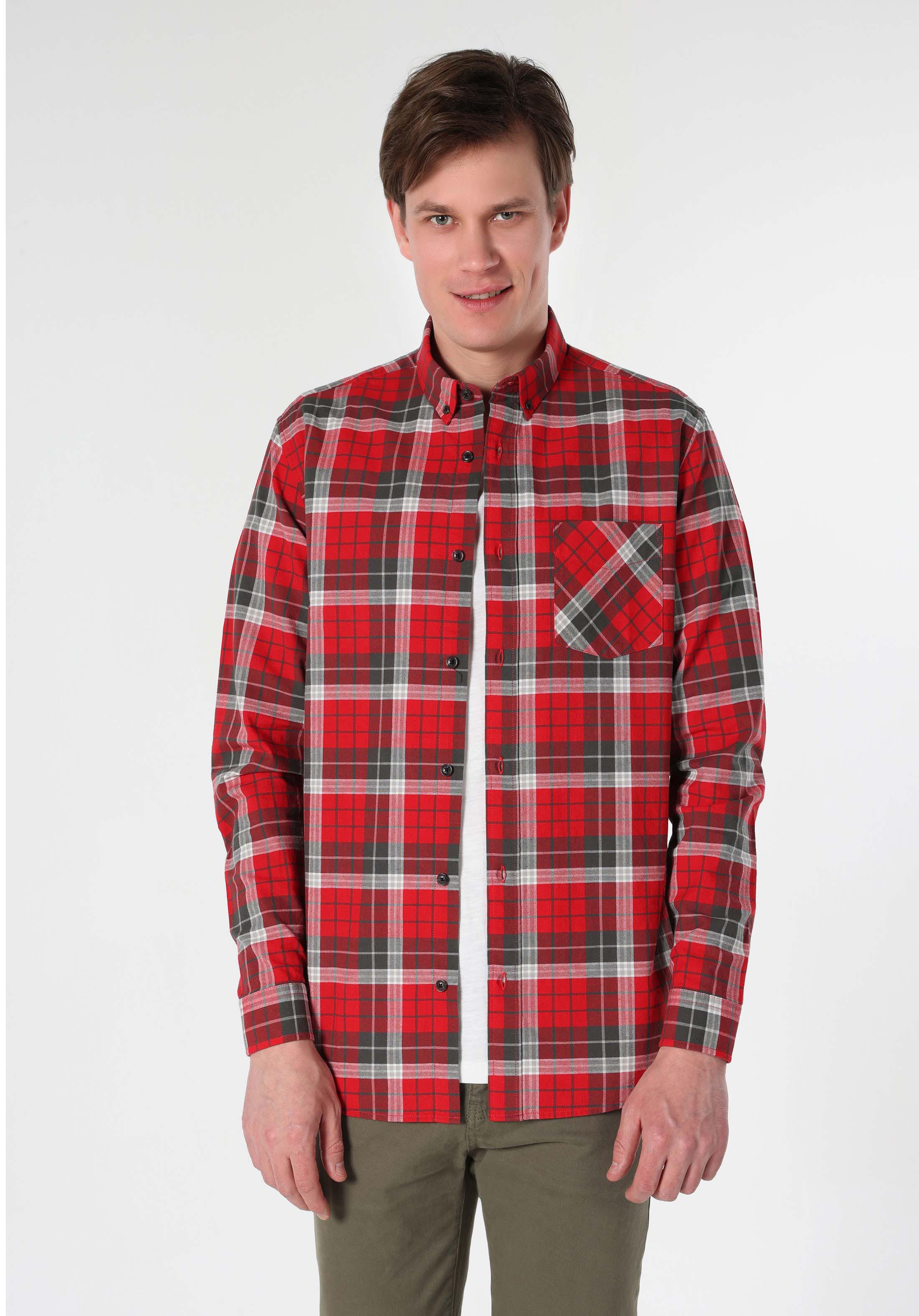 Regular Fit Shirt Neck Ekoseli Erkek Kirmizi Uzun Kol Gömlek