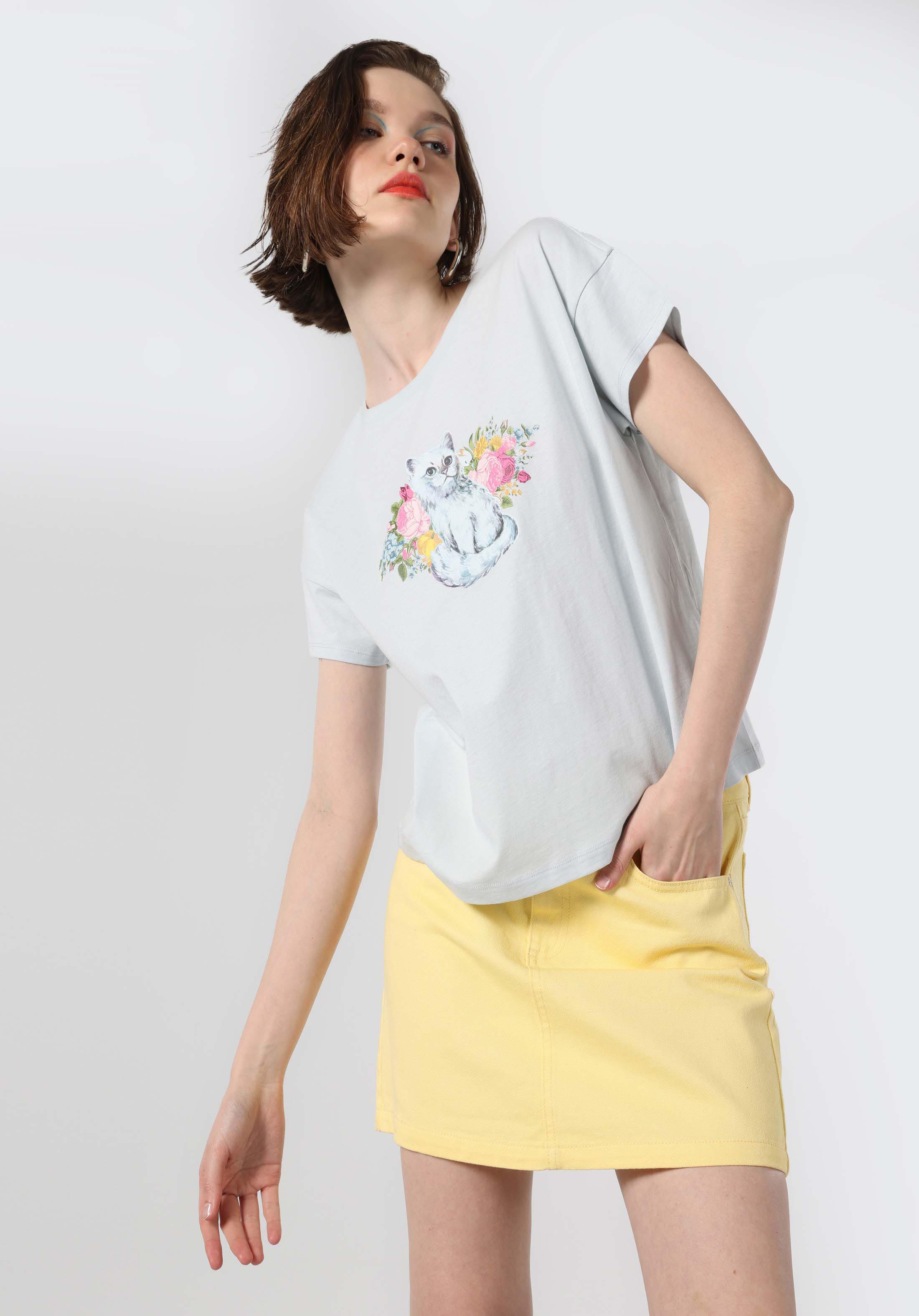 Regular Fit Yuvarlak Yaka  Kadın Mavi Kısa Kol Tişört