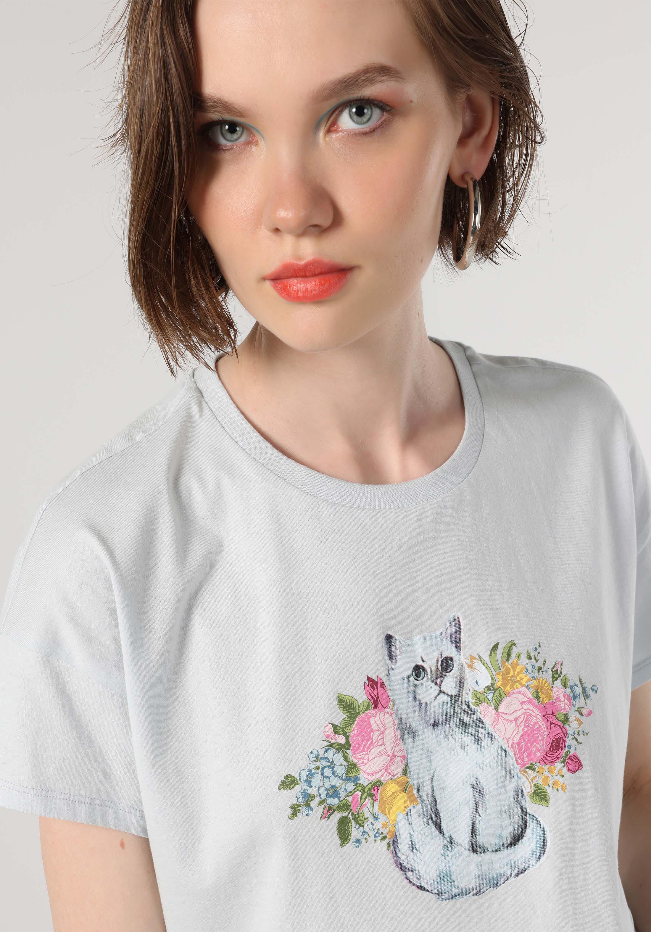 Regular Fit Yuvarlak Yaka  Kadın Mavi Kısa Kol Tişört