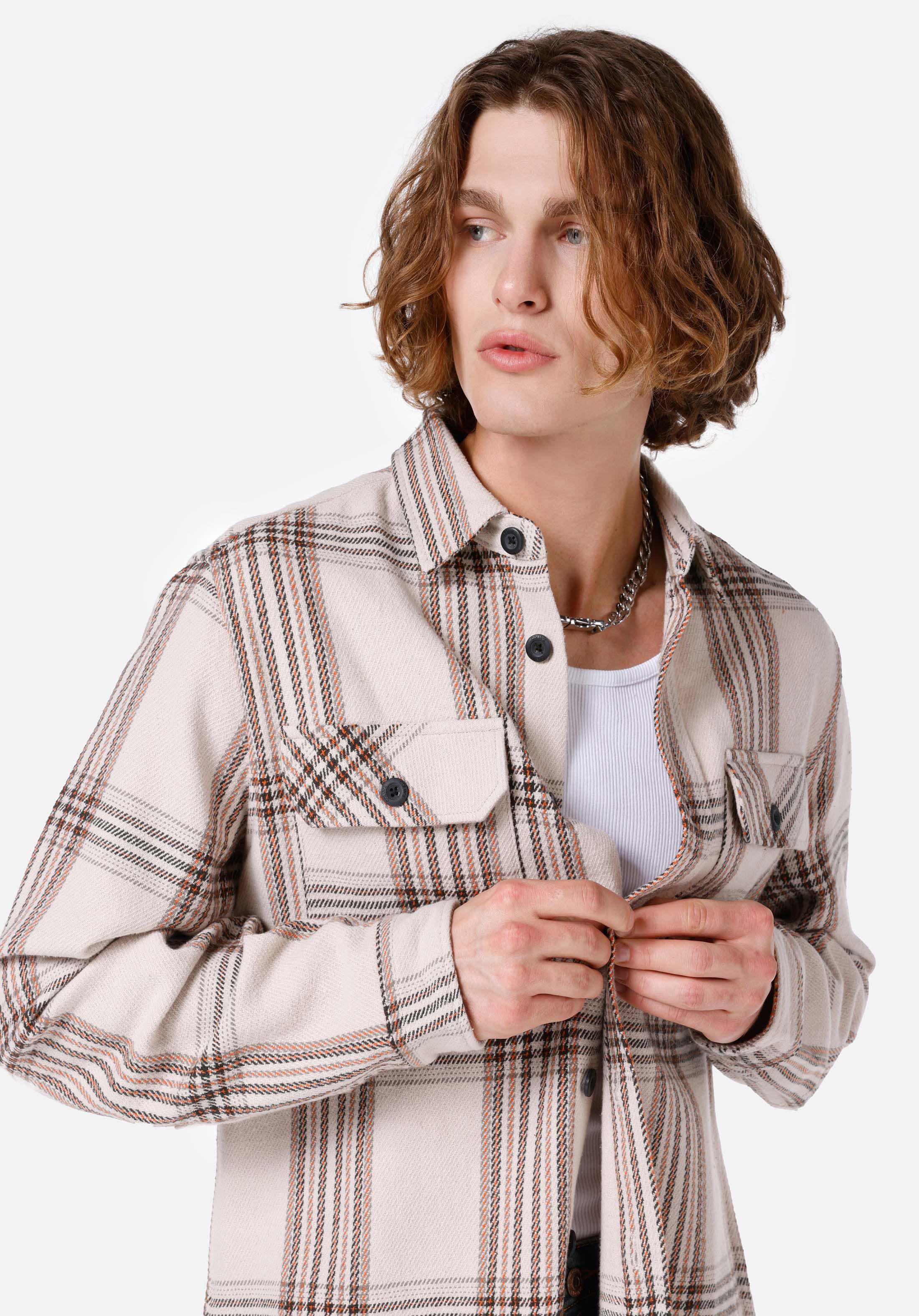 Comfort Fit Shirt Neck Ekoseli Erkek Bej Uzun Kol Gömlek