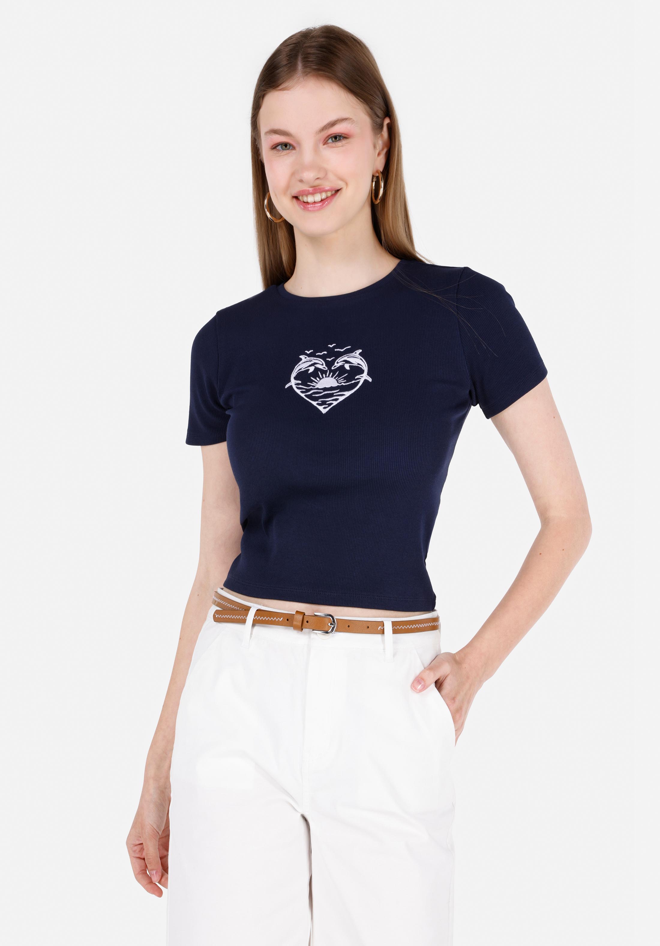 Slim Fit Yuvarlak Yaka  Kadın Lacivert Kısa Kol Tişört