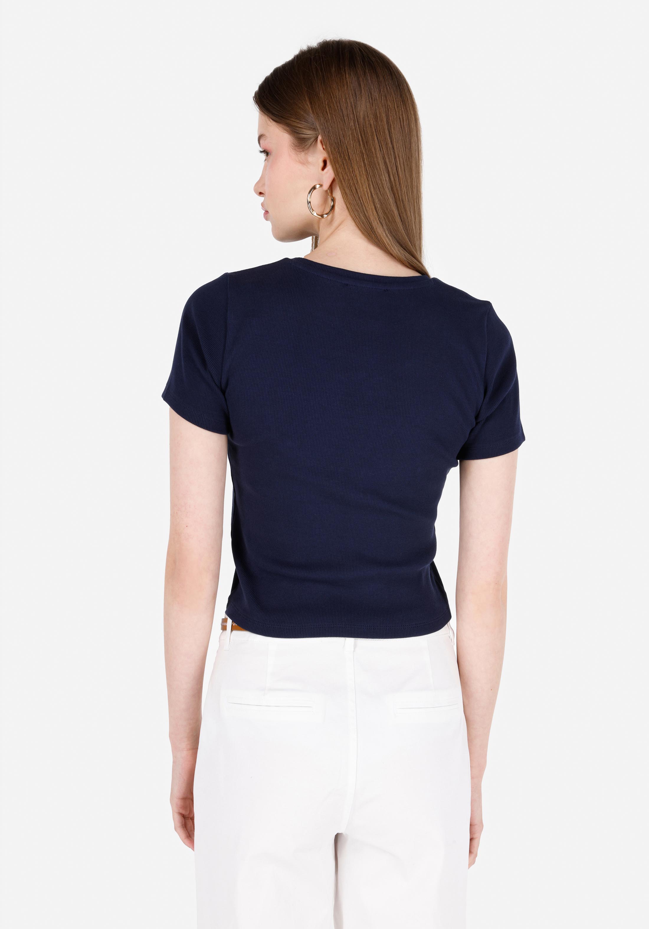 Slim Fit Yuvarlak Yaka  Kadın Lacivert Kısa Kol Tişört