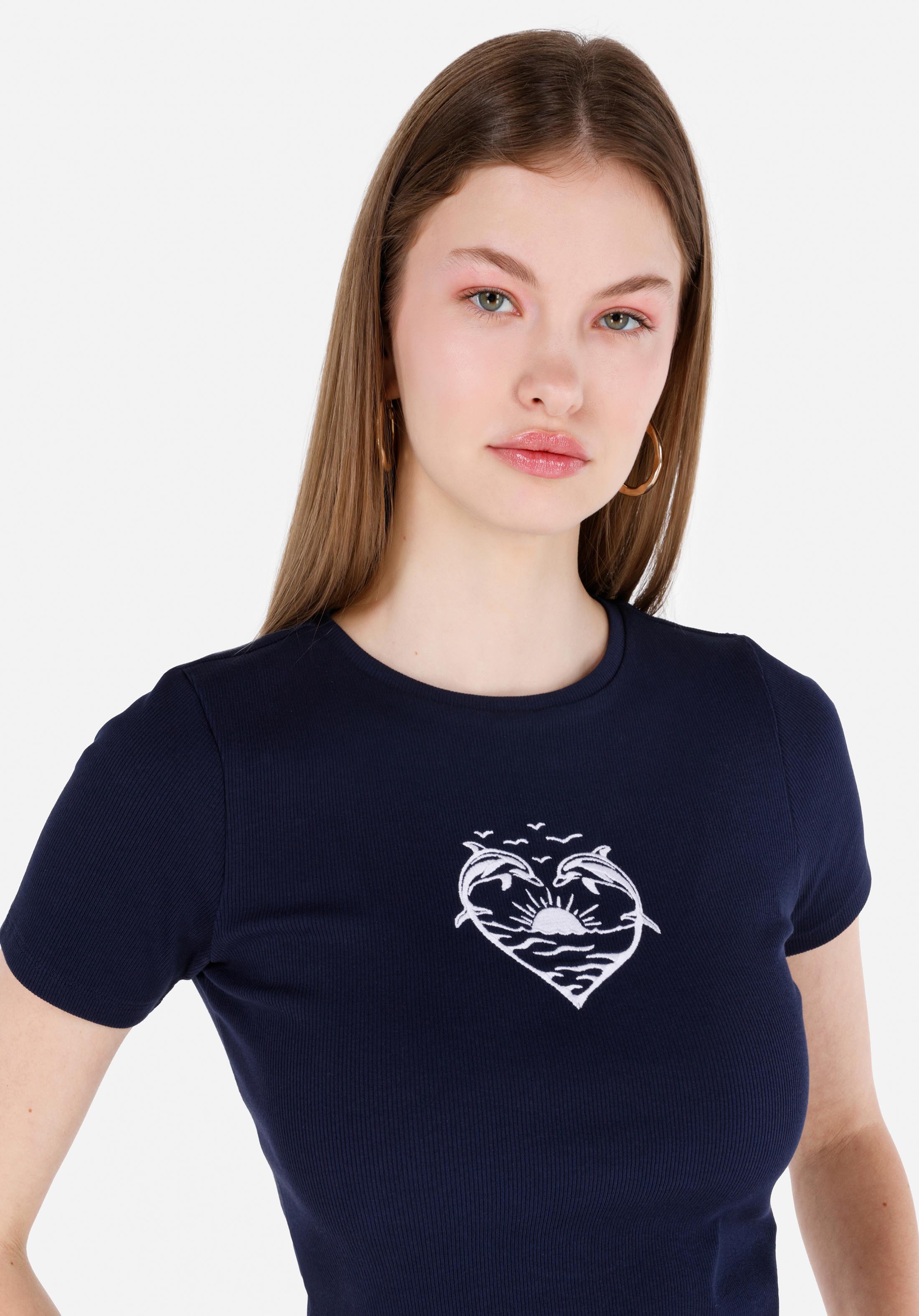 Slim Fit Yuvarlak Yaka  Kadın Lacivert Kısa Kol Tişört