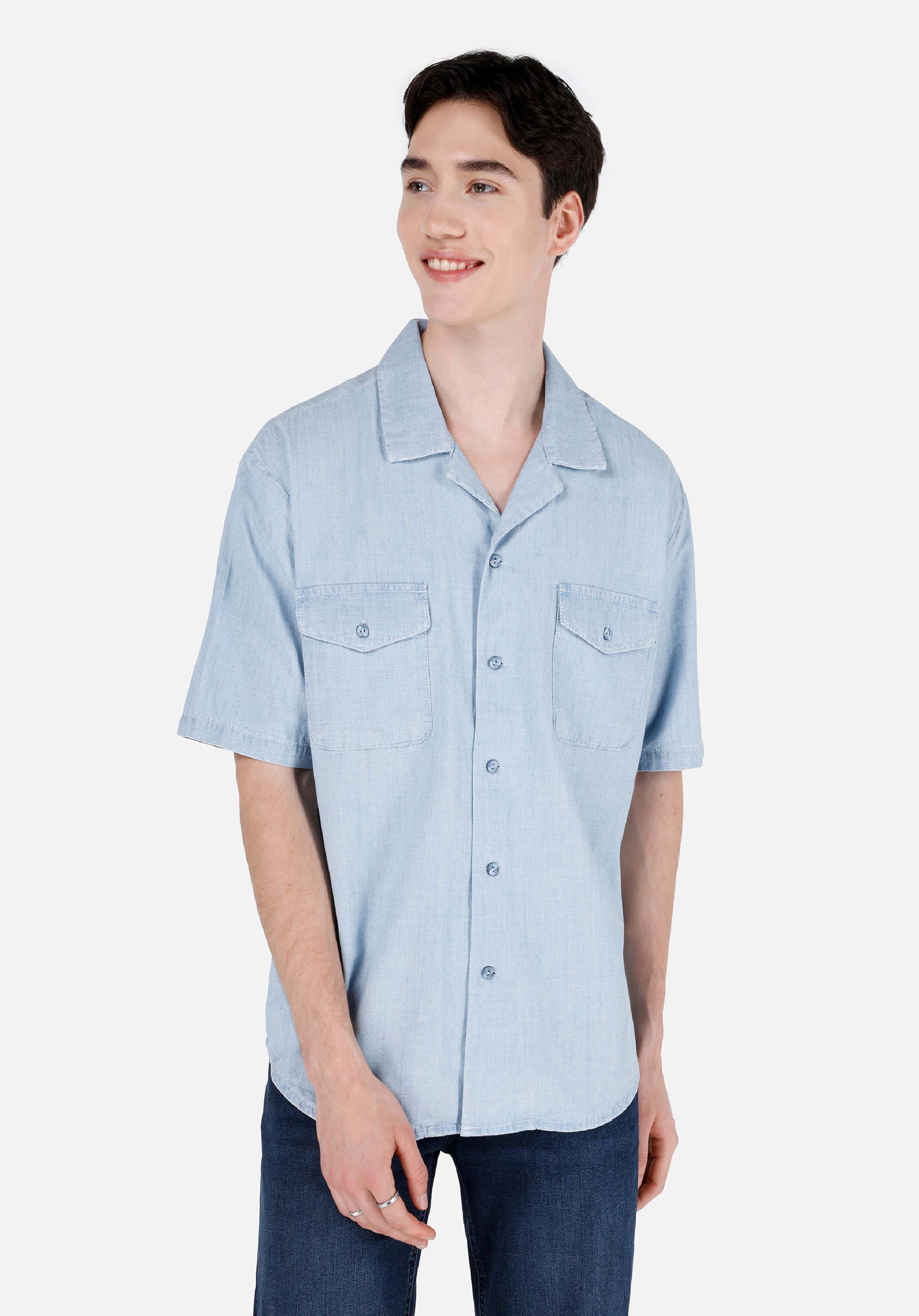 Oversize Fit Shirt Neck Düz Erkek Mavi Kısa Kol Gömlek