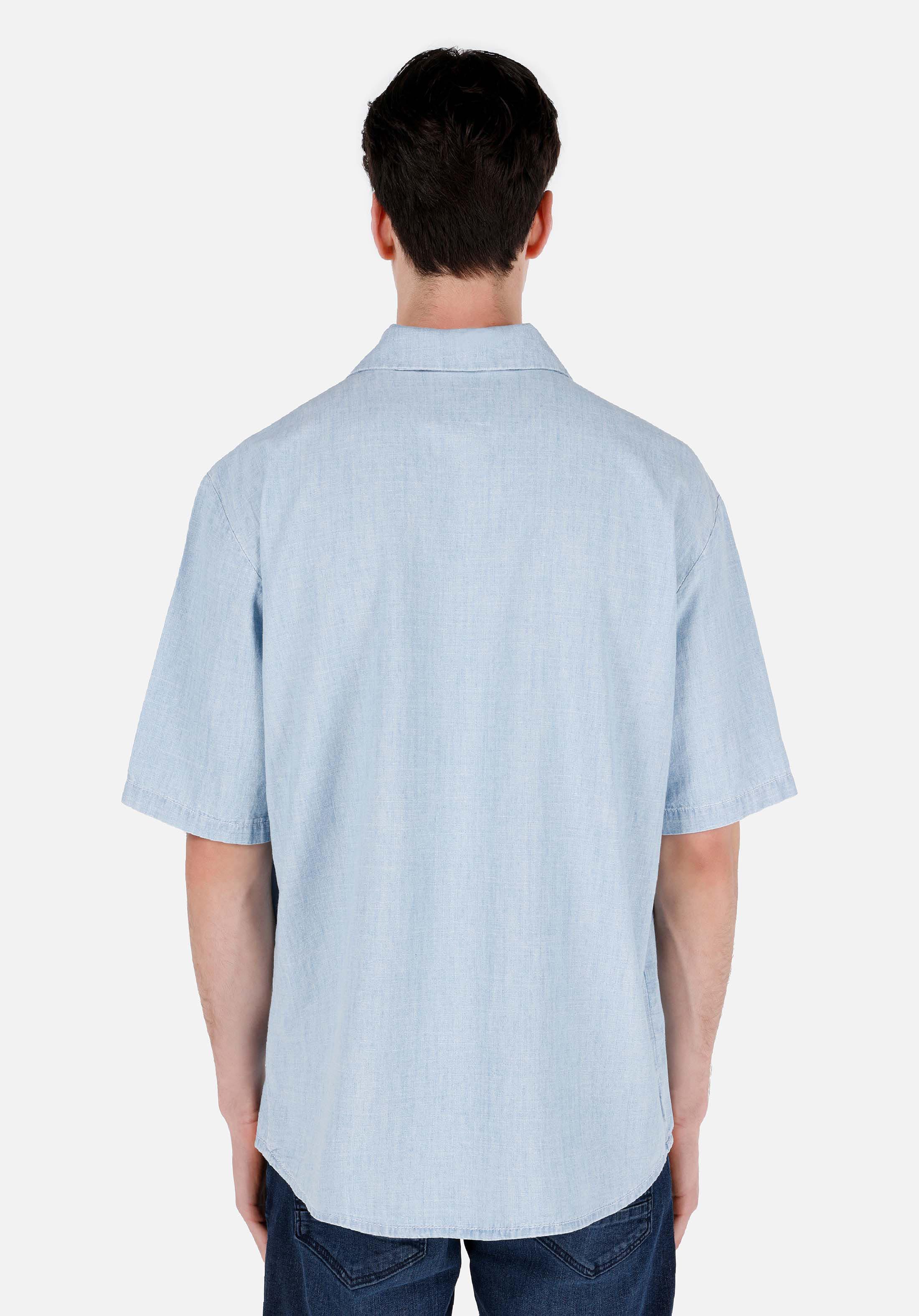 Oversize Fit Shirt Neck Düz Erkek Mavi Kısa Kol Gömlek