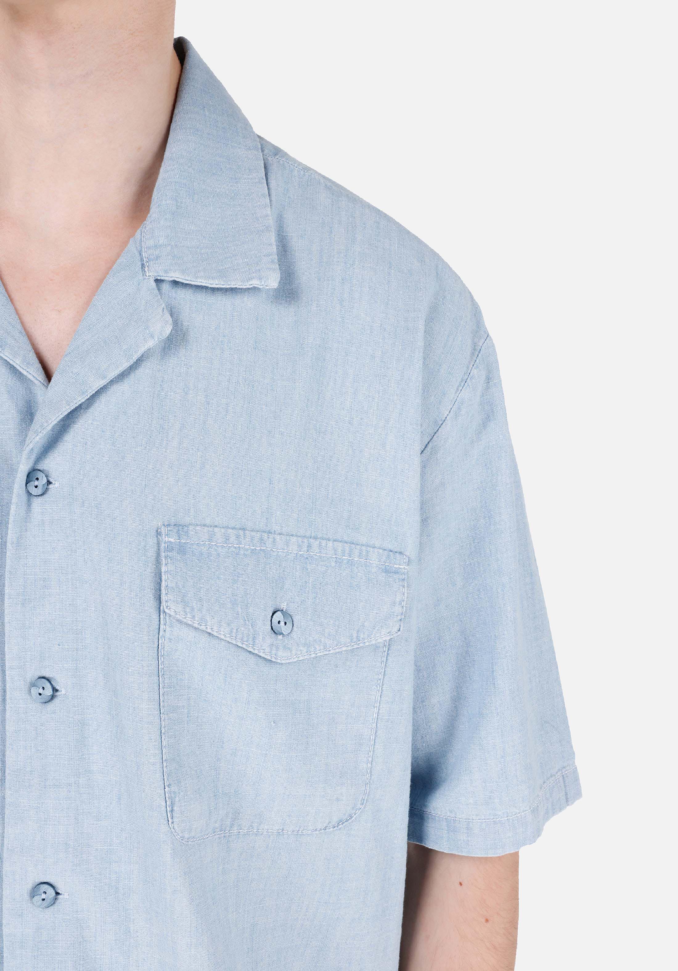 Oversize Fit Shirt Neck Düz Erkek Mavi Kısa Kol Gömlek