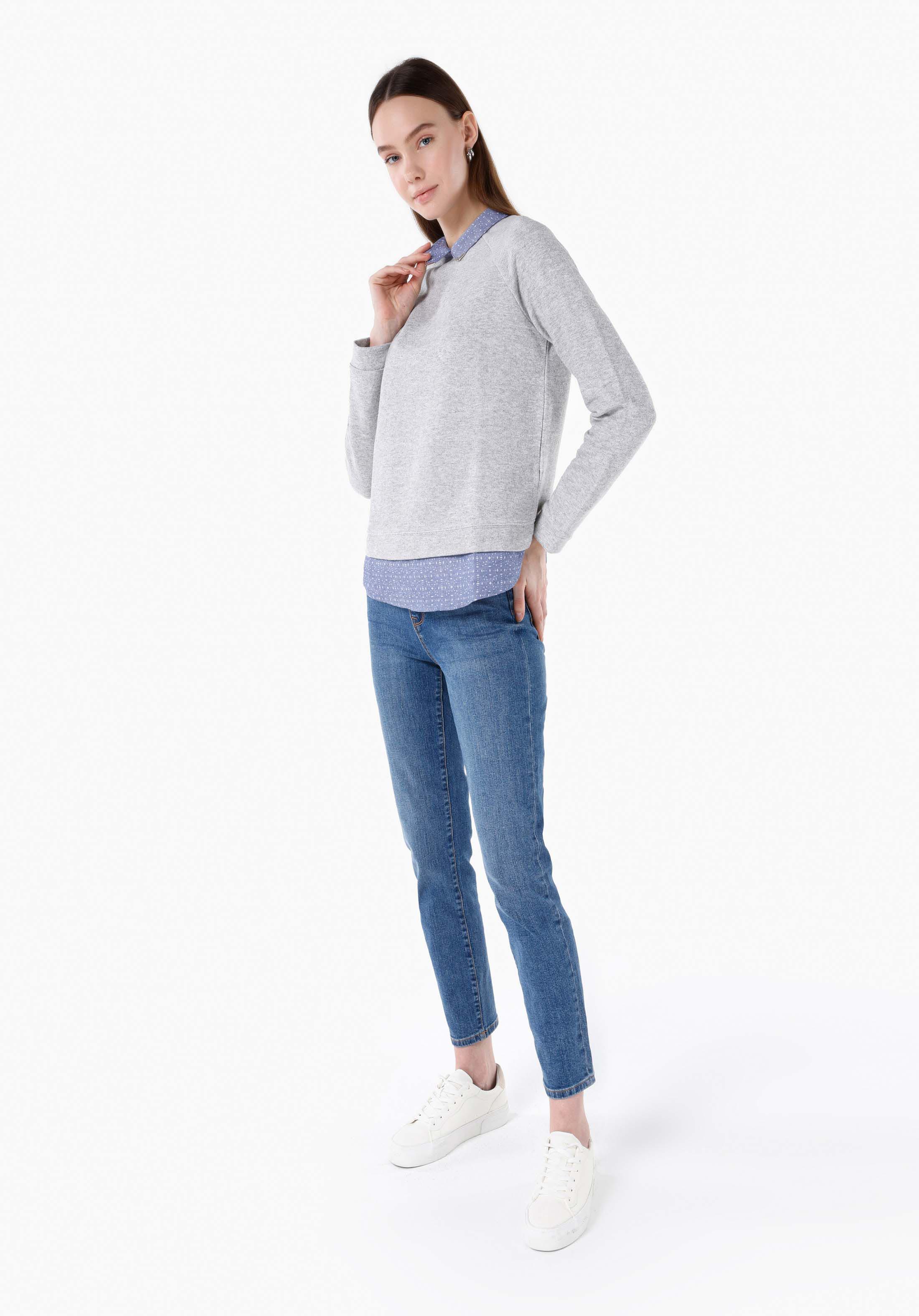 Regular Fit Shirt Neck  Kadın Gri Uzun Kol Tişört