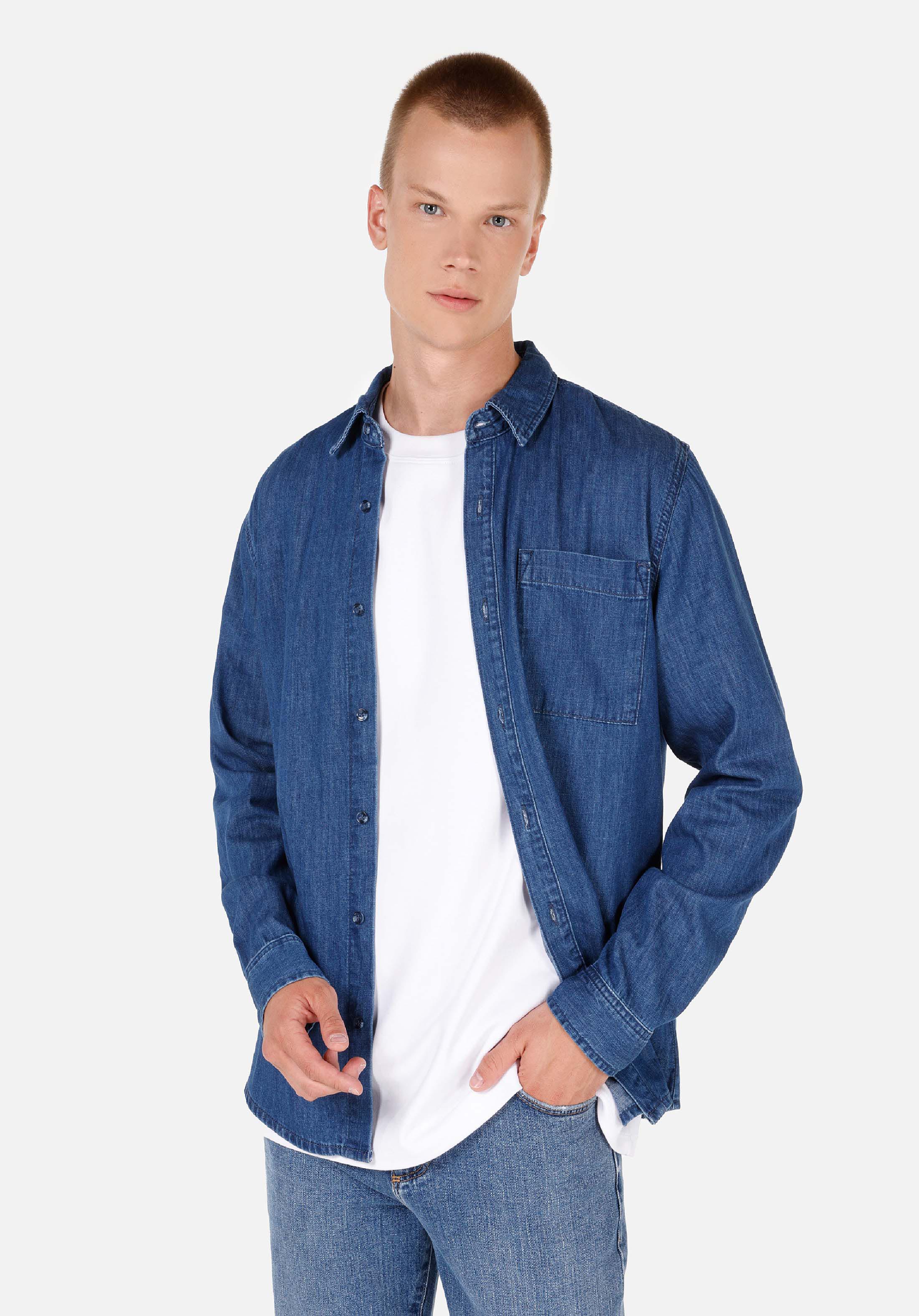 Regular Fit Klasik Yaka  Erkek Mavi Uzun Kol Gömlek