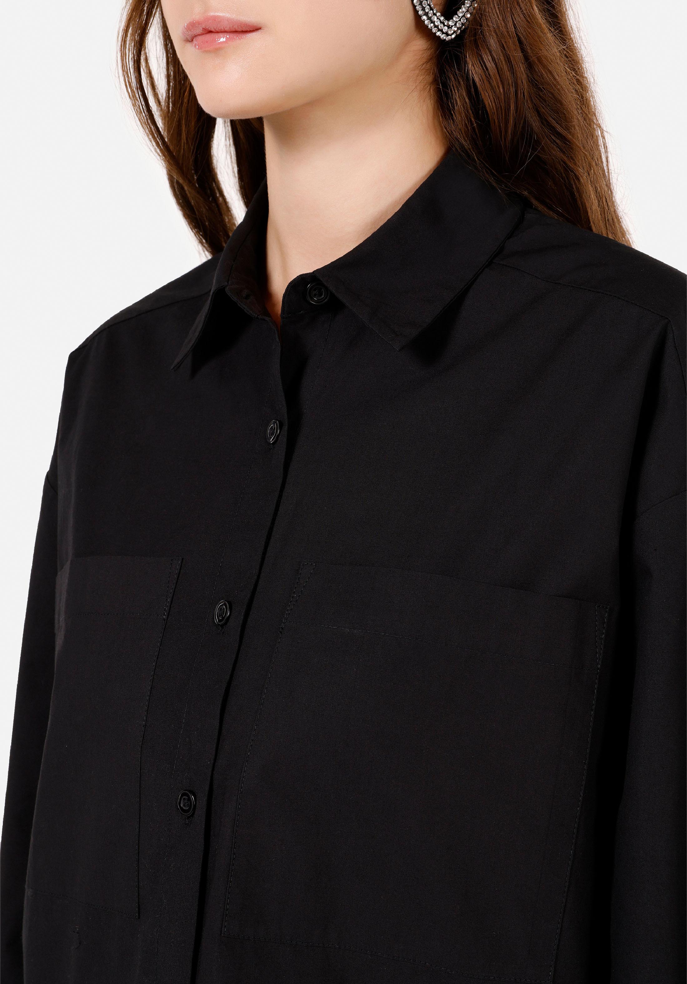 Relax Fit Shirt Neck Düz Kadın Siyah Uzun Kol Gömlek