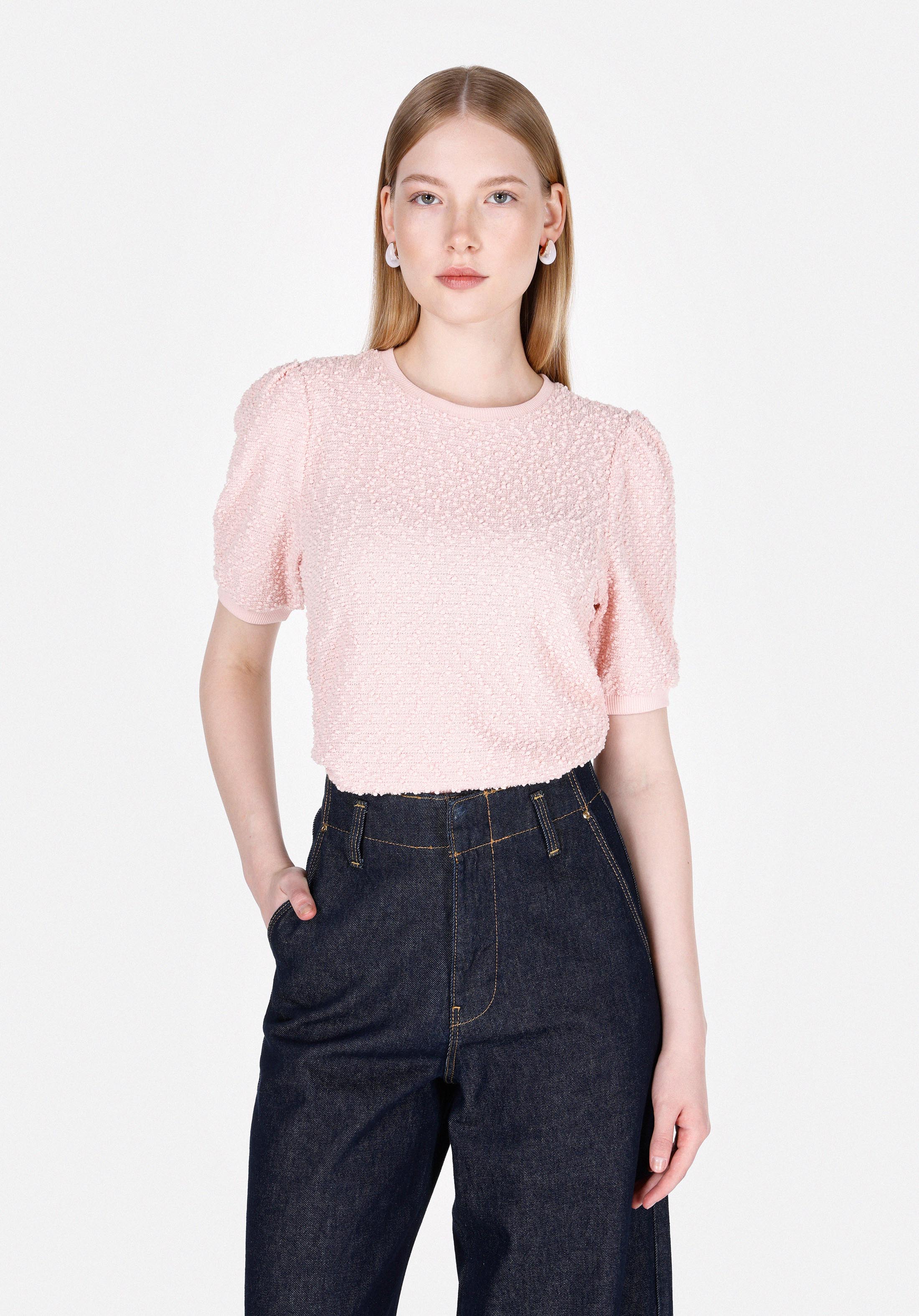 Regular Fit Yuvarlak Yaka Jakarlı Kadın Pembe Kısa Kol Tişört