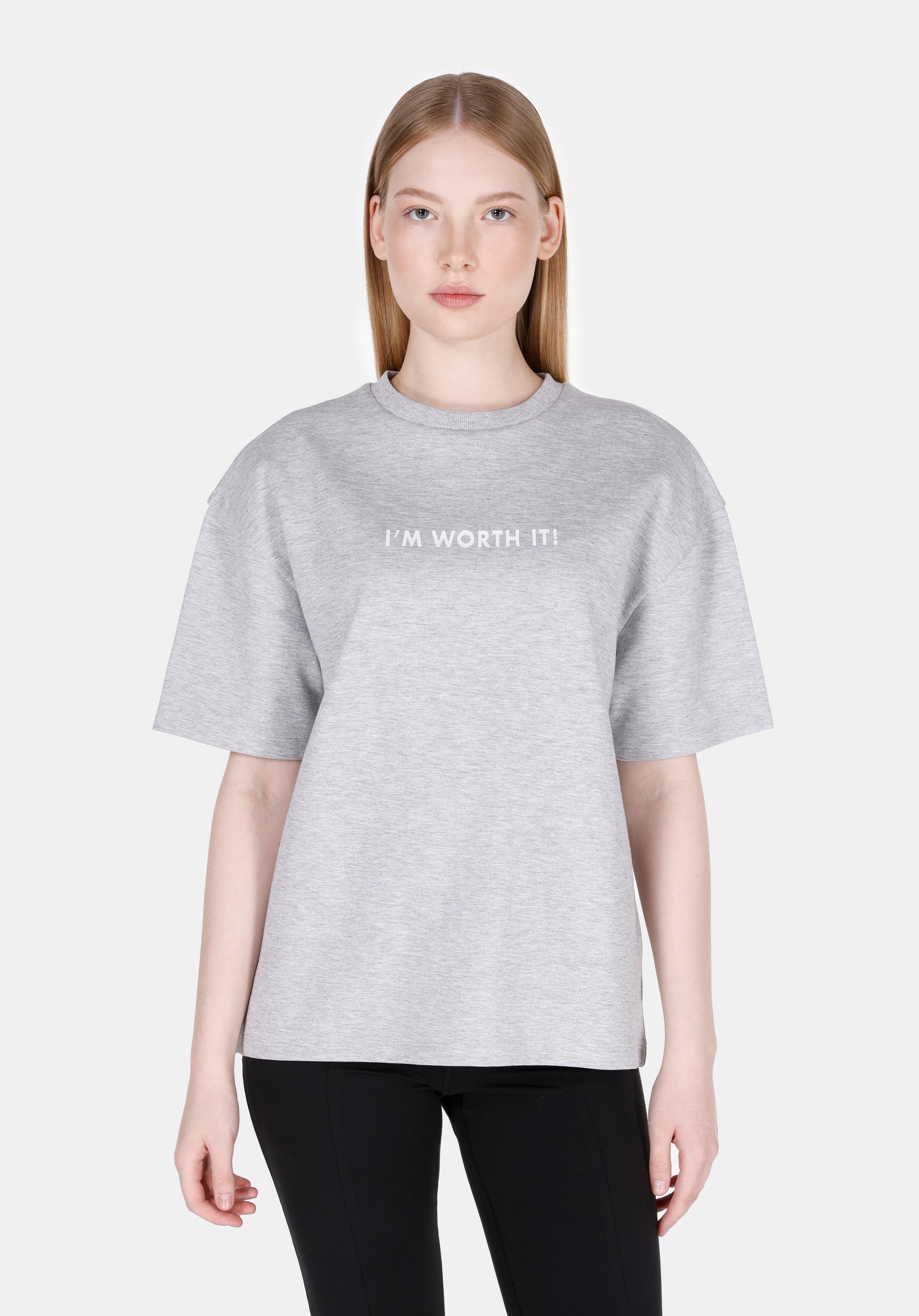 Comfort Fit Yuvarlak Yaka Baskılı Kadın Gri Kısa Kol Tişört