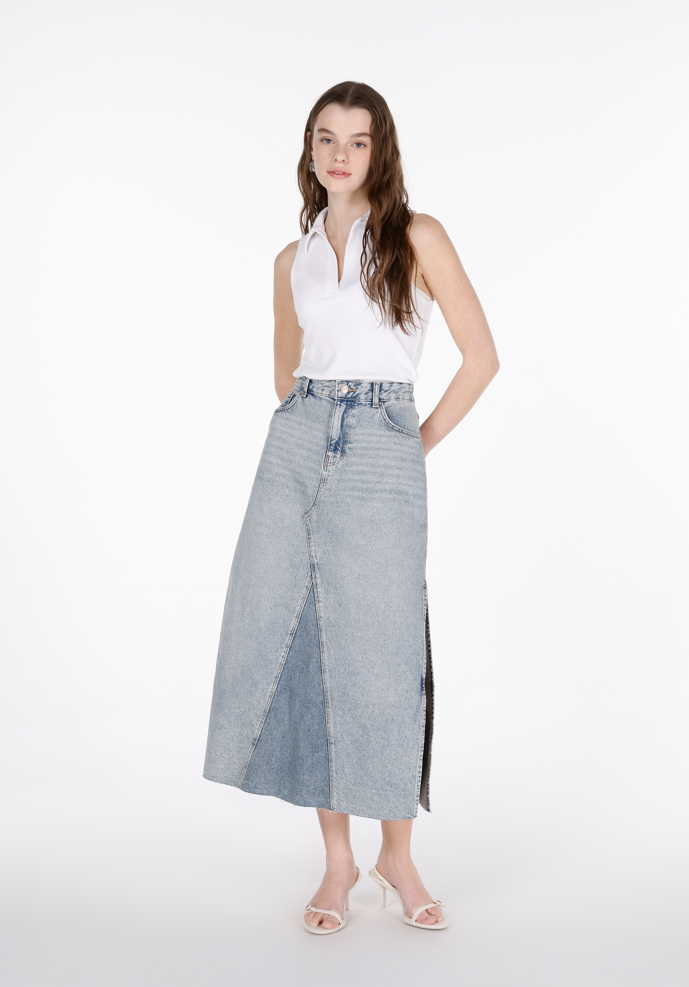 Slim Fit Düz Fermuarlı Kadın Mavi Etek