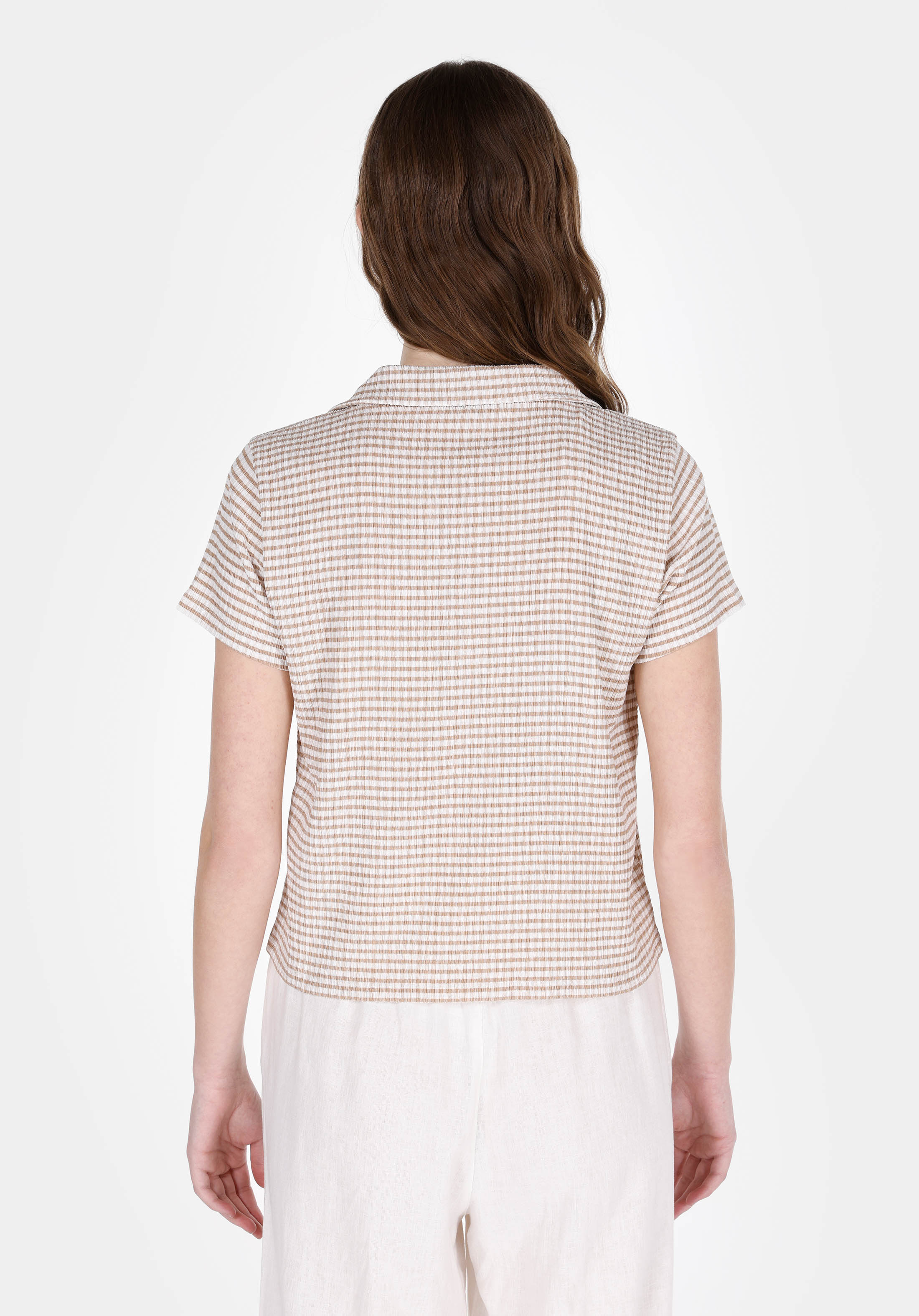 Slim Fit Polo Yaka Kareli Kadın Bej Kısa Kol Tişört