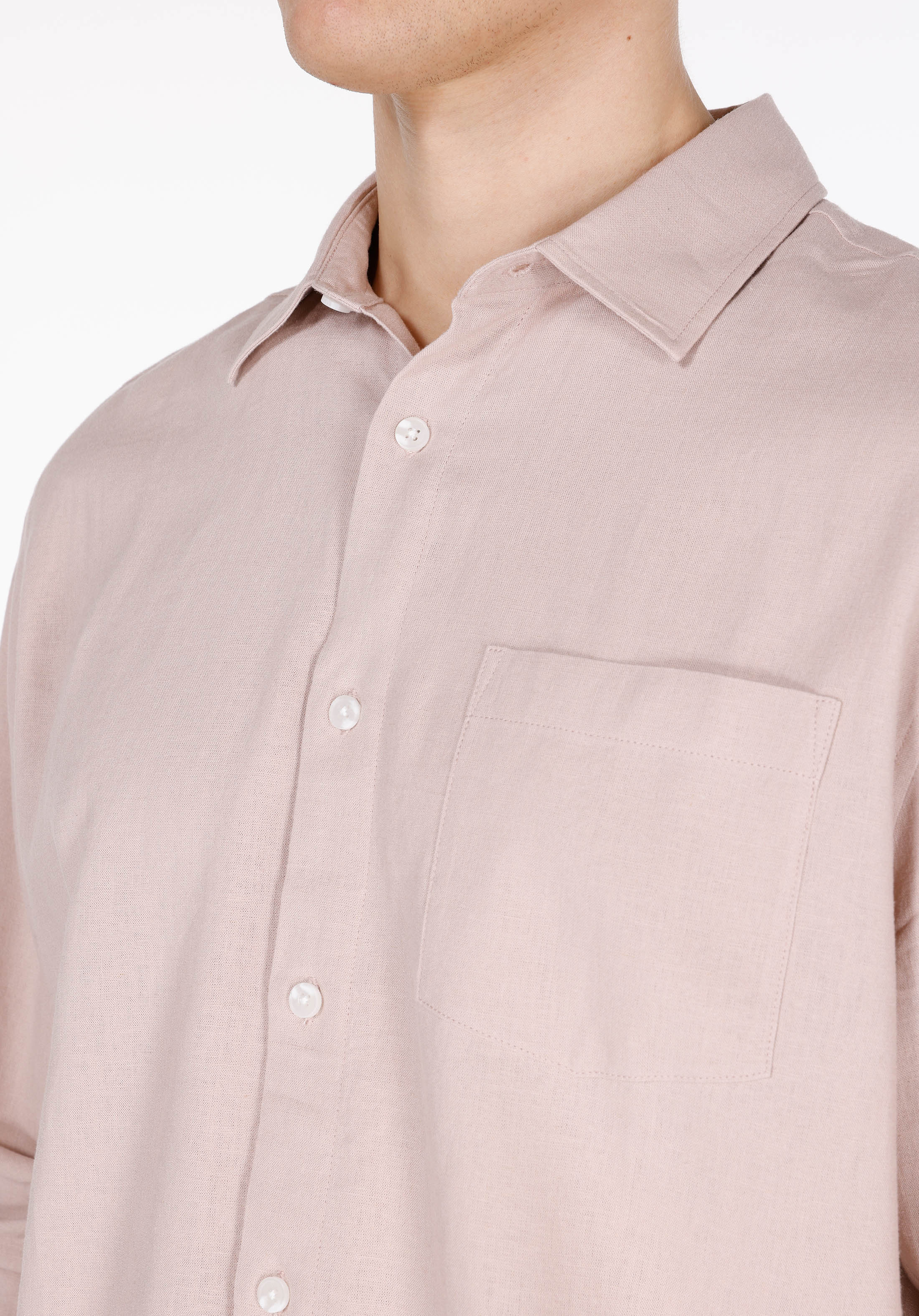 Relaxed Fit Shirt Neck Düz Erkek Keten Karışımlı Pembe Uzun Kol Gömlek