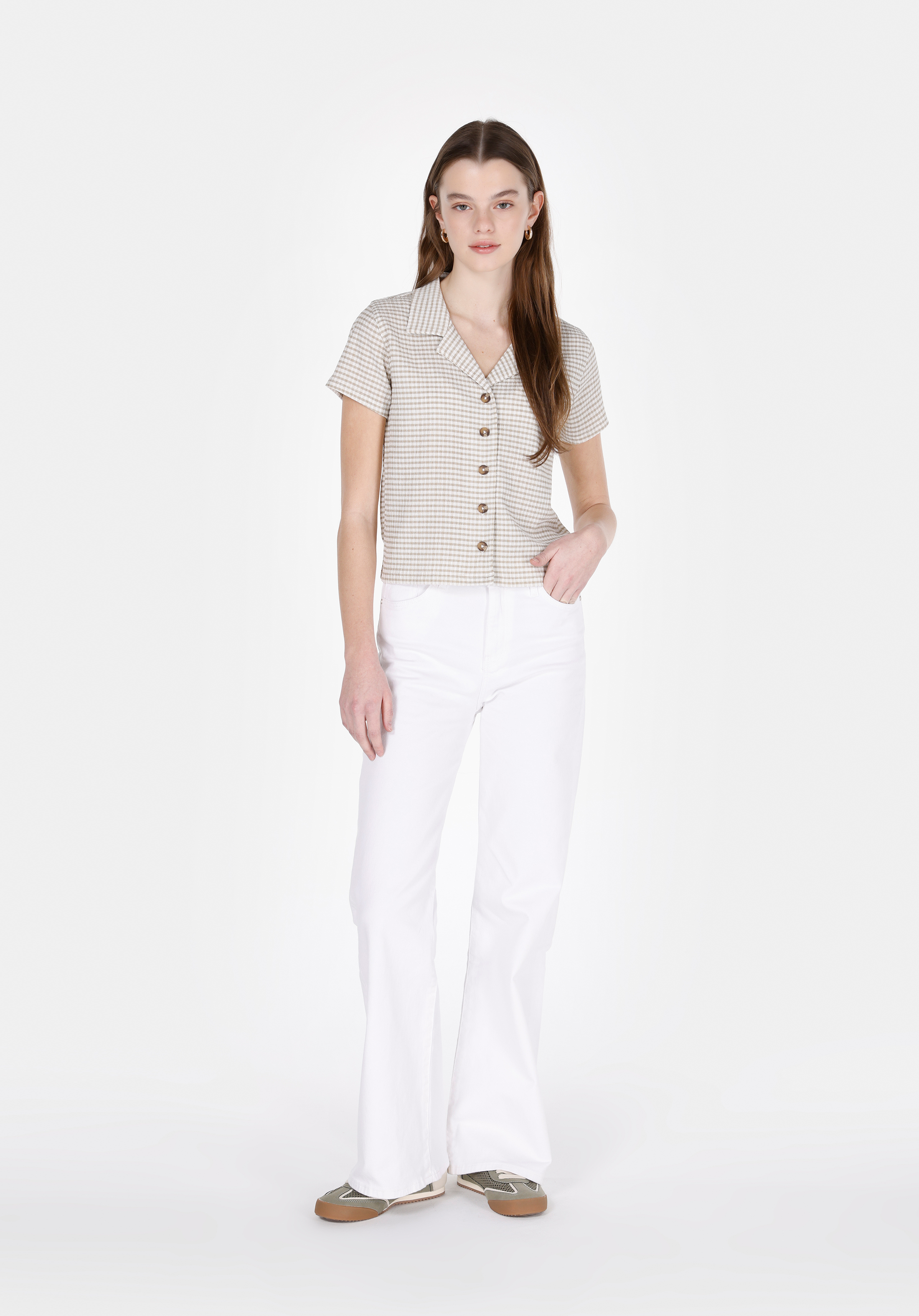 Slim Fit Polo Yaka Kareli Kadın Yeşil Kısa Kol Tişört
