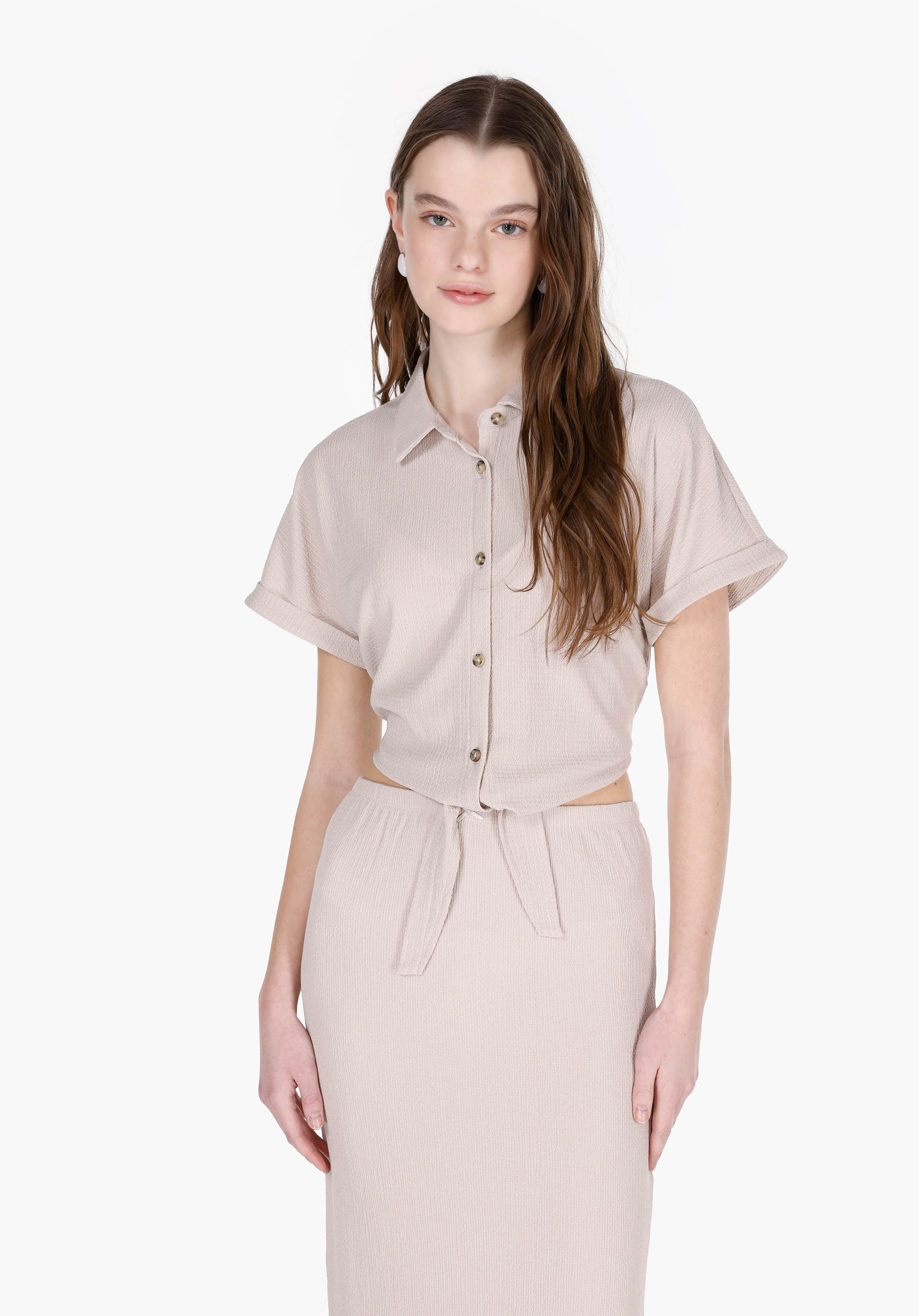 Regular Fit Shirt Neck Jakarlı Kadın Bej Kısa Kol Tişört