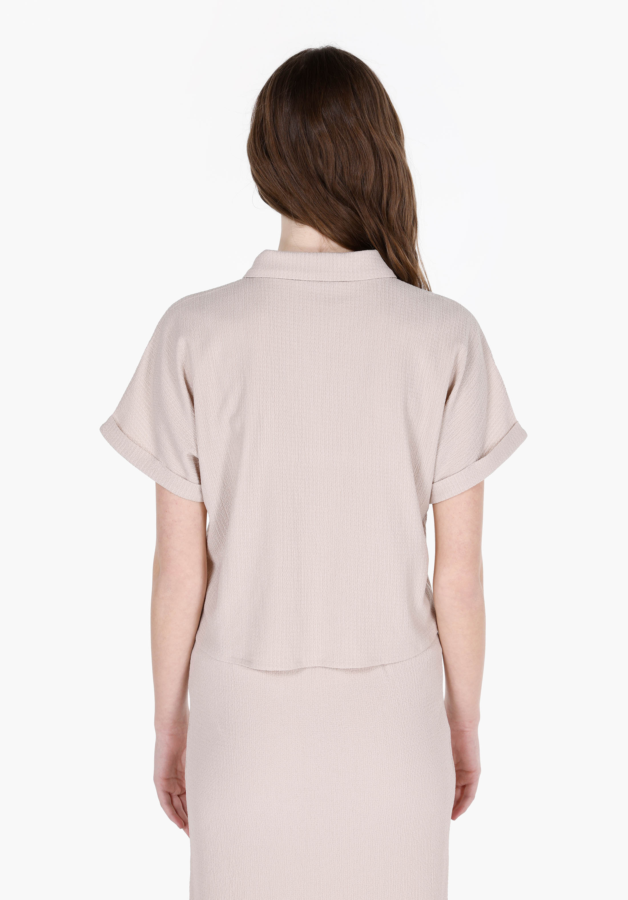 Regular Fit Shirt Neck Jakarlı Kadın Bej Kısa Kol Tişört