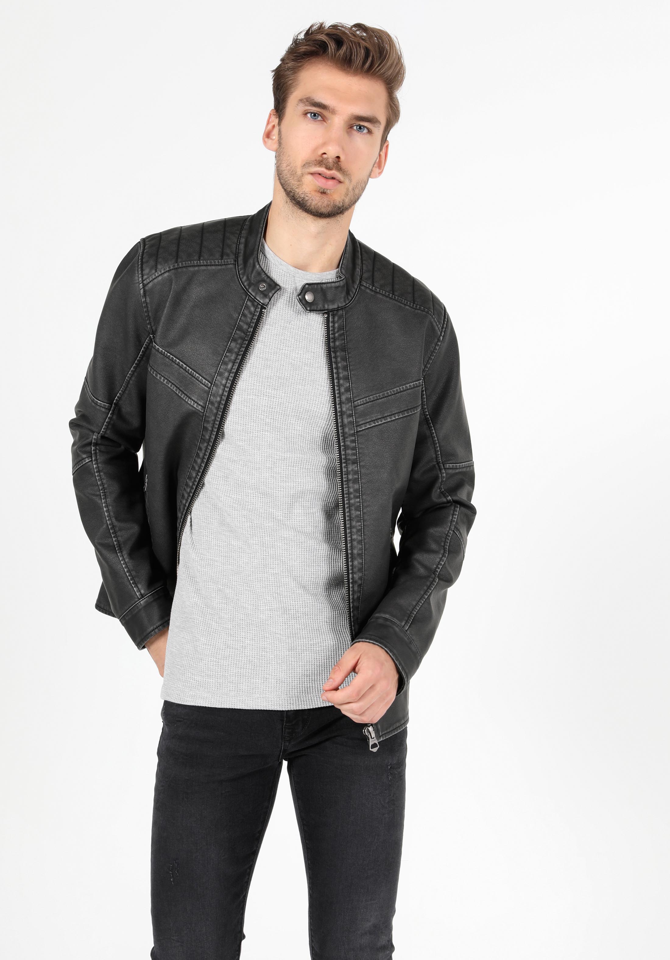 Slim Fit Erkek Siyah Suni Deri Mont Pu