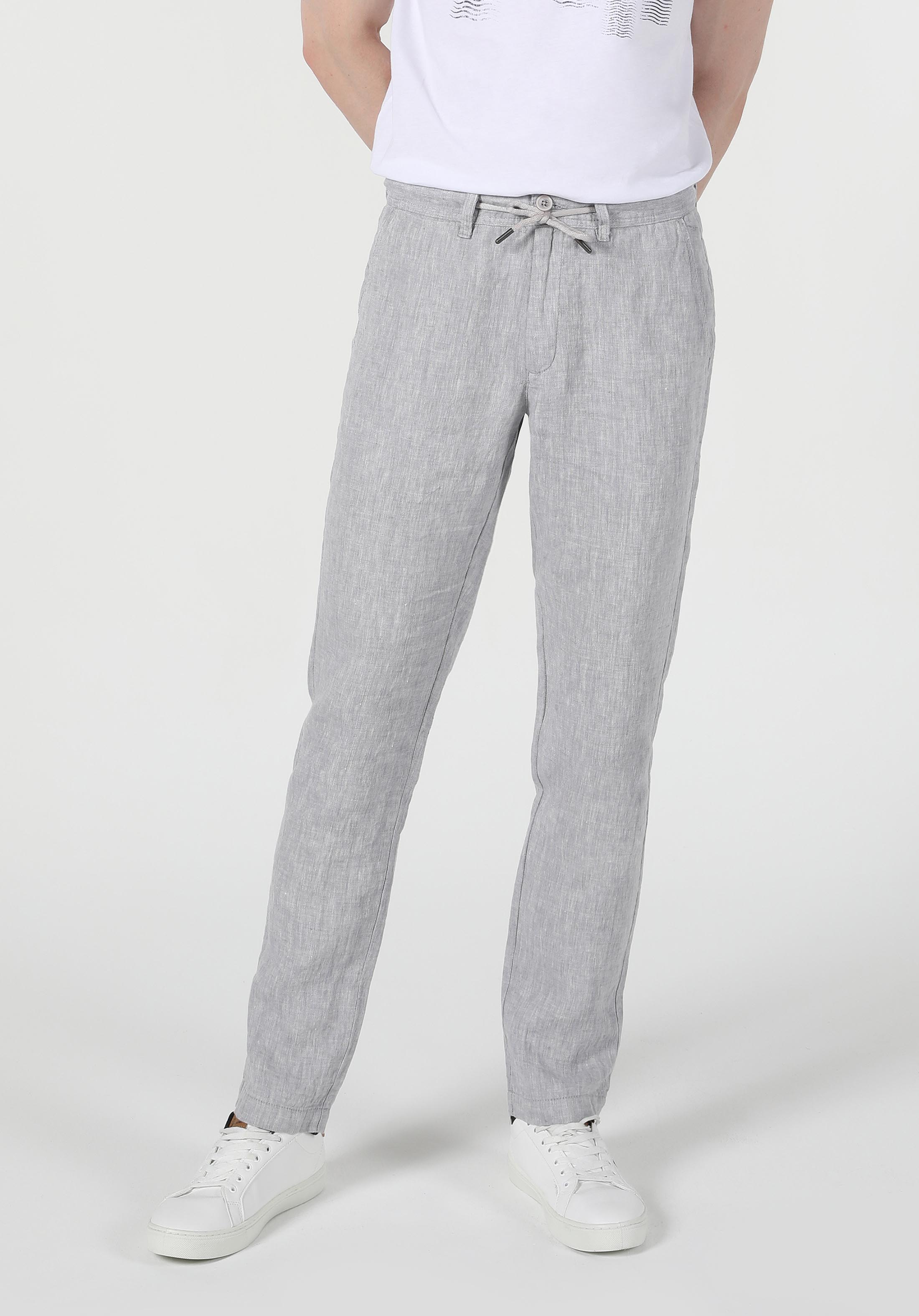 Regular Fit Orta Bel Düz Paça Erkek Gri  Pantolon