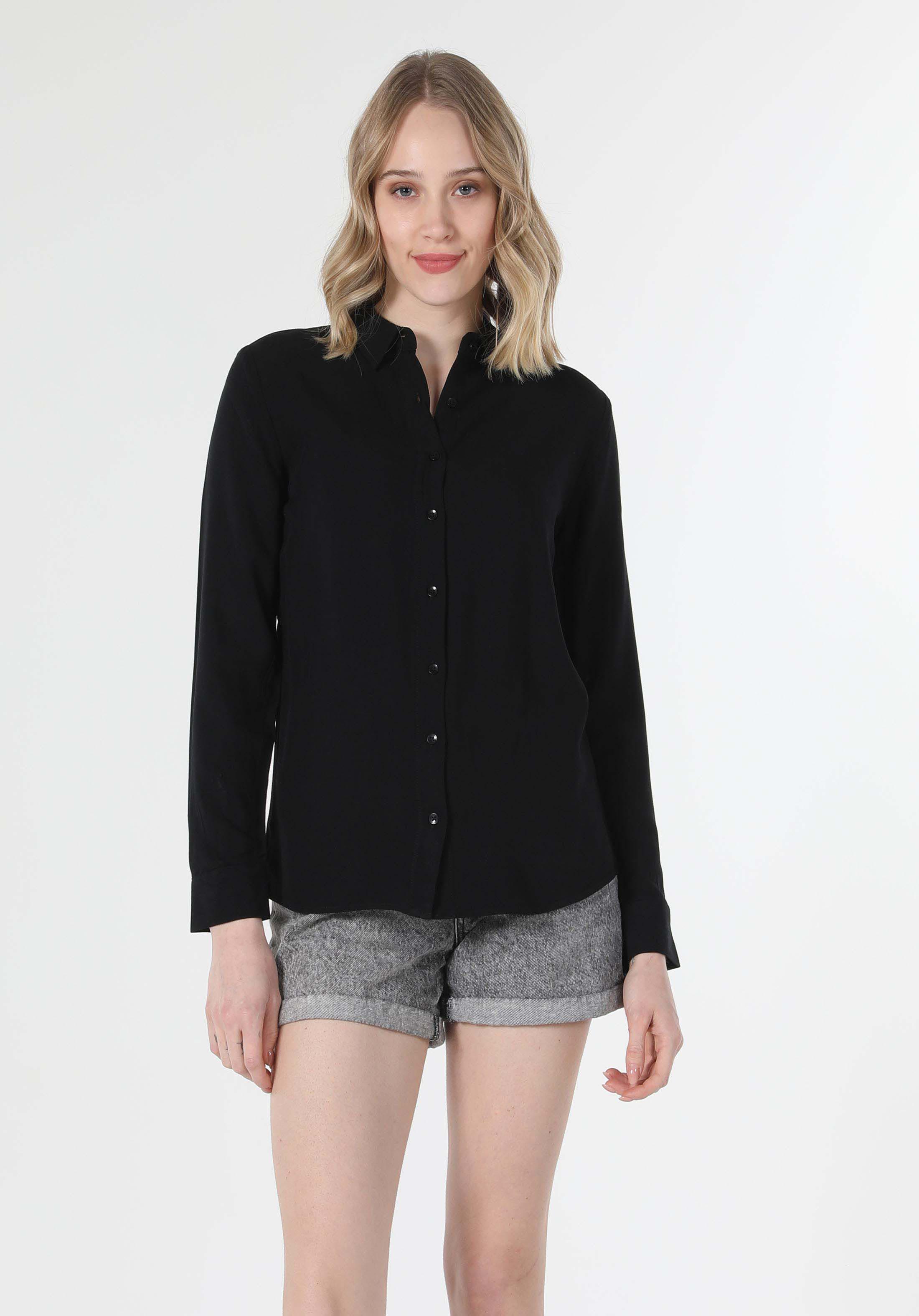 Regular Fit Shirt Neck Düz Kadın Siyah Uzun Kol Gömlek